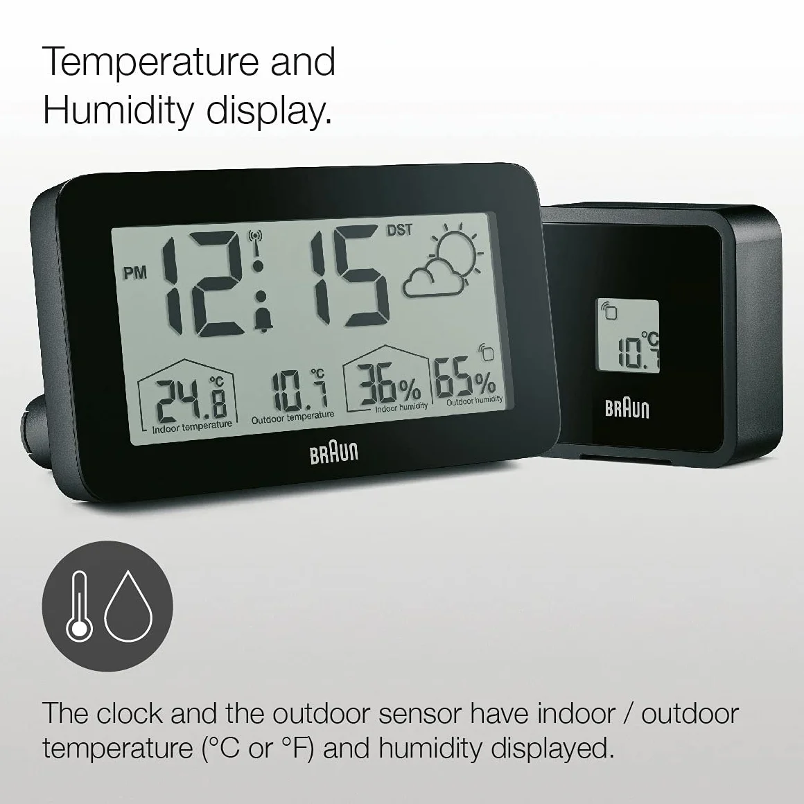 Estación meteorológica y reloj digital controlado por radio Braun para la zona horaria de Europa Central (DCF) con temperatura y humedad, pronóstico del tiempo, pantalla LCD, negro, modelo BC13BP-DCF.