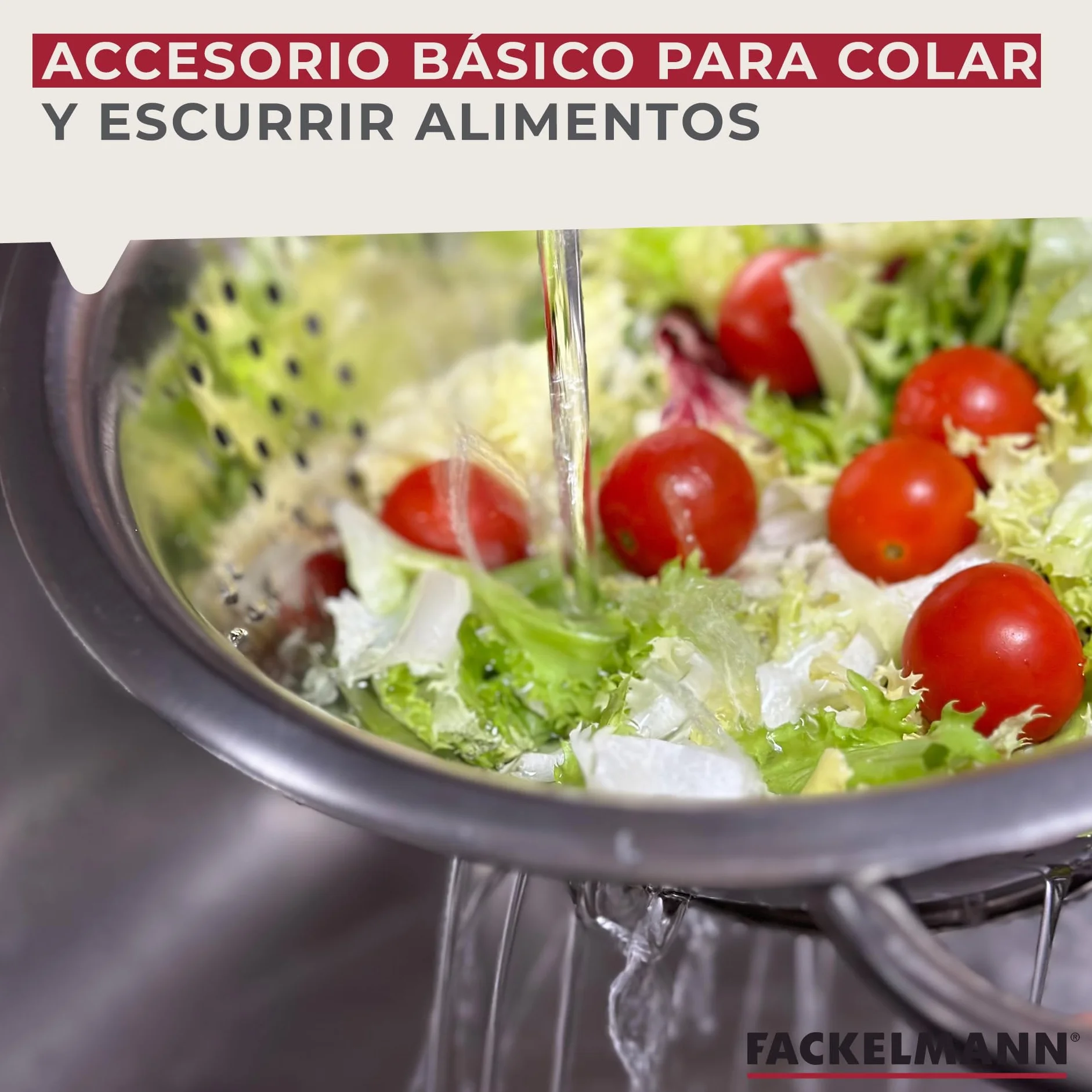 Fackelmann Colador de Cocina y Escurridor en Acero Inoxidable, Colador con Asas y Peana Estable, Idóneo para Escurrir Ensalada, Pasta, Arroz, Legumbres y Verduras, 24cm, 1 ud.