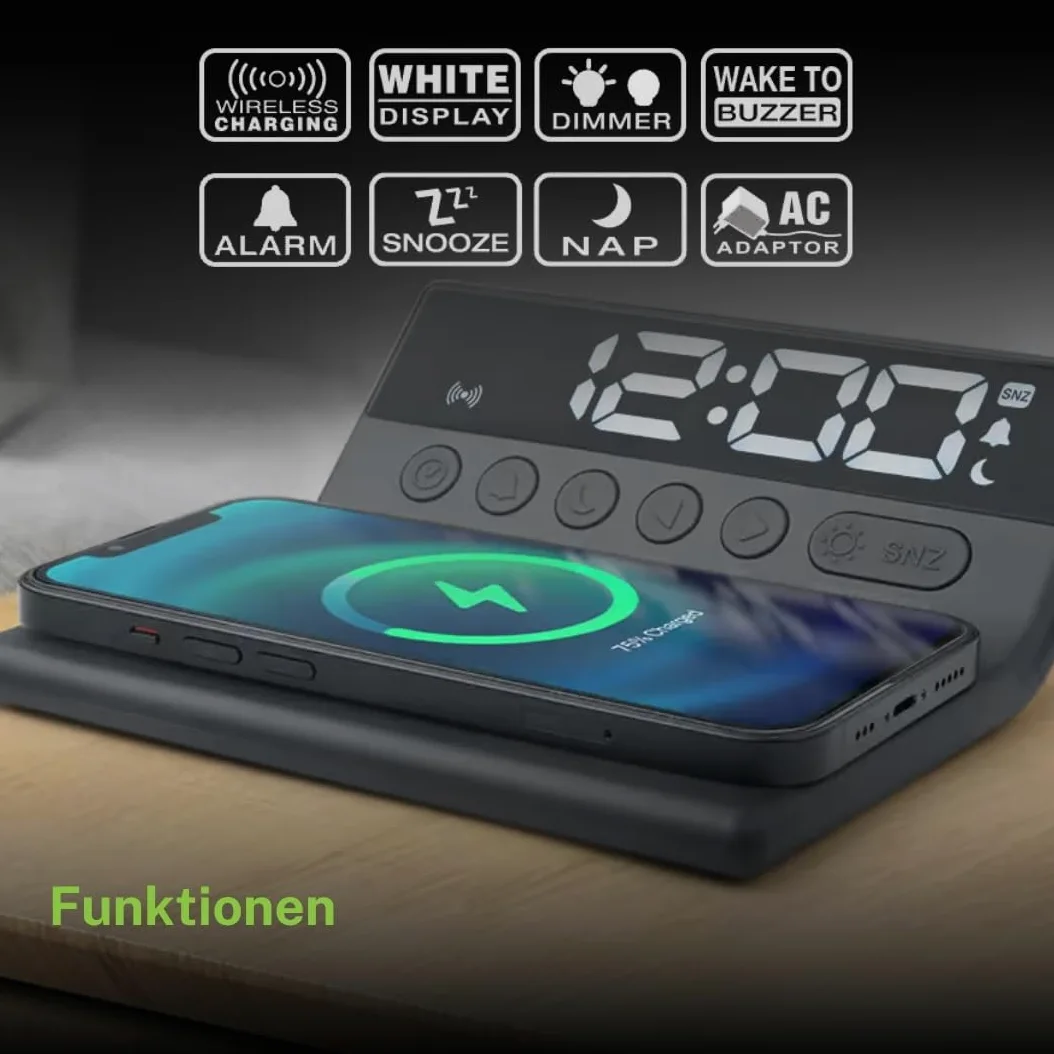 Muse M-168WI / Reloj + Cargador DE INDUCCIÓN. Reloj Digital con Display Grande. Alarma, Carga por inducción, Funcion Siesta, dimer y Snooze. Color Negro