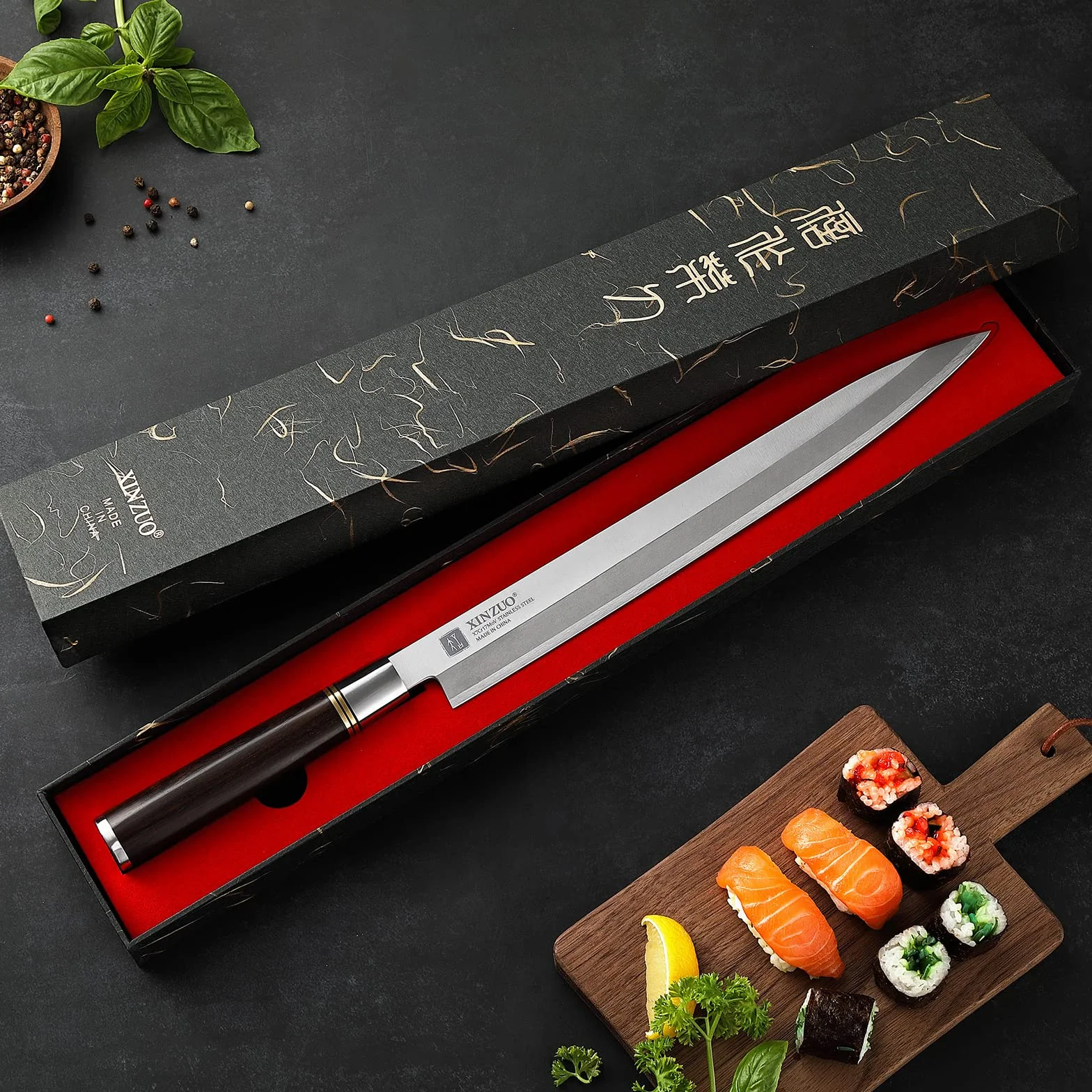 XINZUO 30cm Sashimi Cuchillo de Acero Inoxidable X7Cr17MoV, Yanagiba Tradicional Japonés con Hoja de un Solo Filo para Sushi, Mango de Madera de Ébano con Vaina