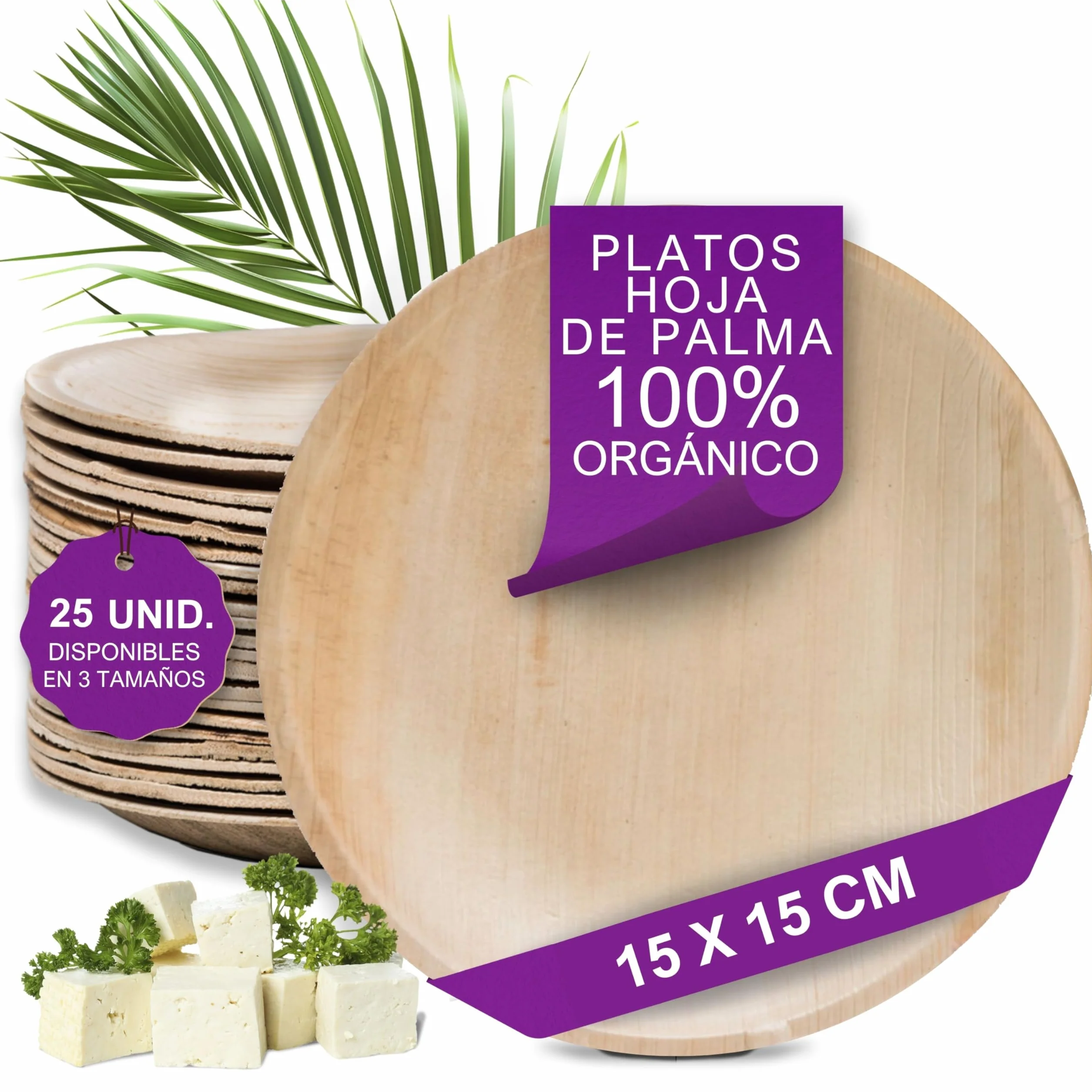 25 Platos Desechables de Hoja de Palma Orgánicos - Redondo Ø 15 cm - Vajilla Ecológica Elegante - Estable, Natural y Compostable - Menaje para Fiestas o Cocktail