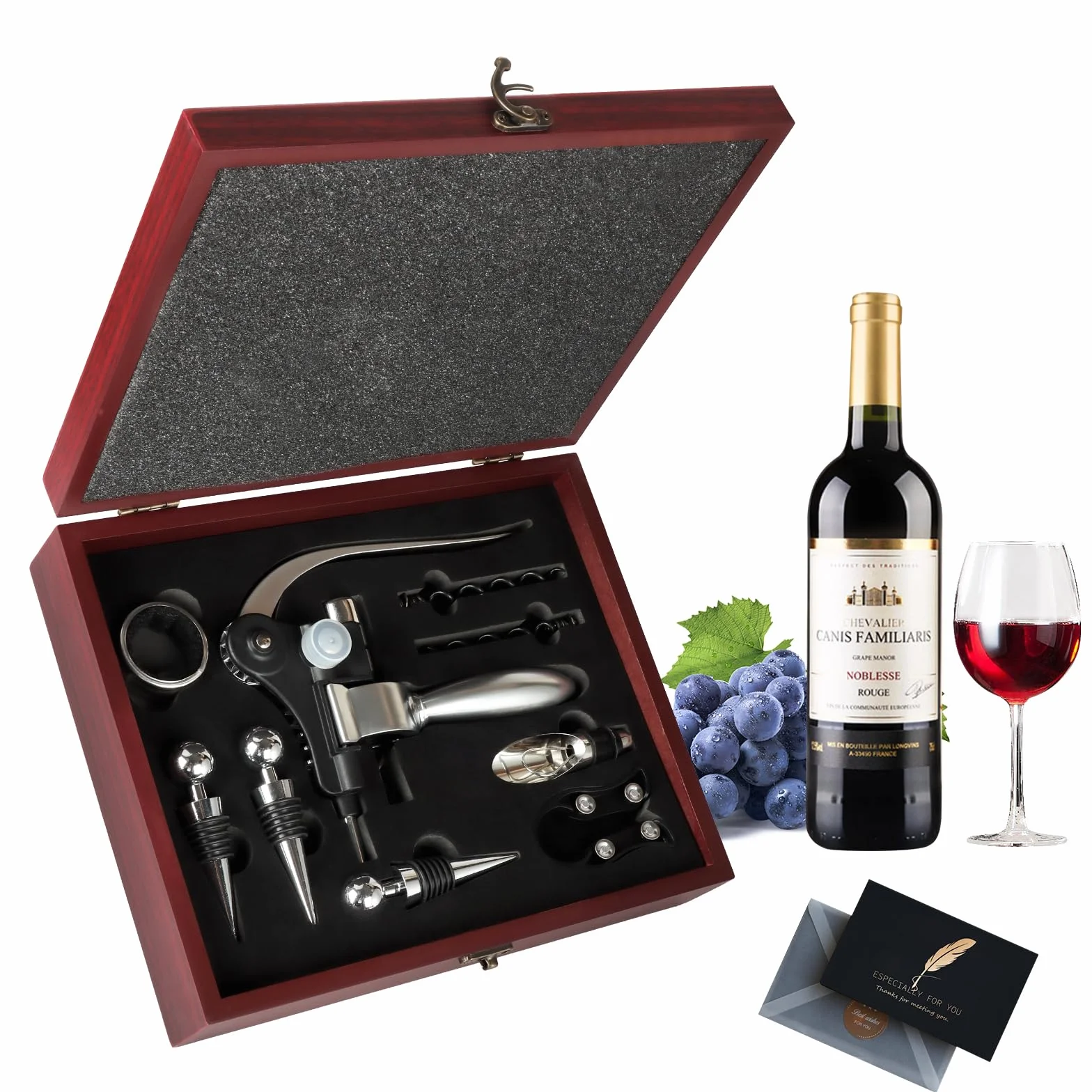 UCAMP Juego de abridor de vino de lujo con 11 sacacorchos, accesorios de vino, set de regalo para amantes del vino (caja de madera)