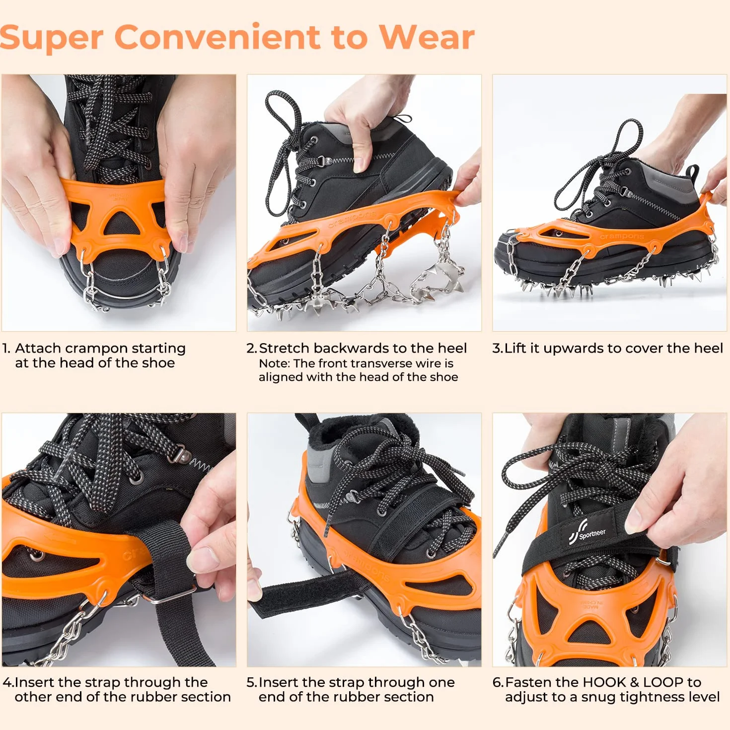 Sportneer Crampones 19 Dientes Tacos de Tracción Nieve y Hielo para Montañismo Escalada Caminar Alpinismo, Naranja, L