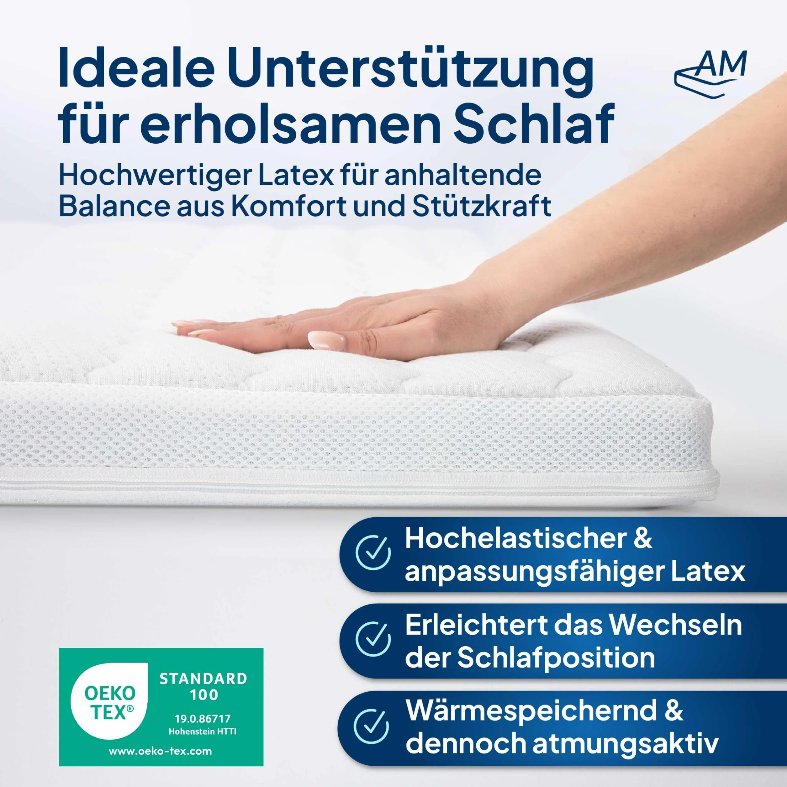 AM Qualitätsmatratzen Topper Latex Premium - Topper 150x190 Made in Germany - Sobrecolchon de látex Natural y Transpirable - 6 cm - Cubre colchon con Funda de Lyocell y función Antideslizante