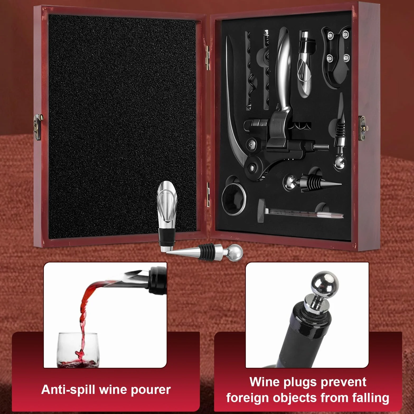 Sacacorchos Profesional Manual 9 Piezas con Caja Regalo Madera, Decantador y Antigoteo, Accesorios Abrebotellas para Regalos