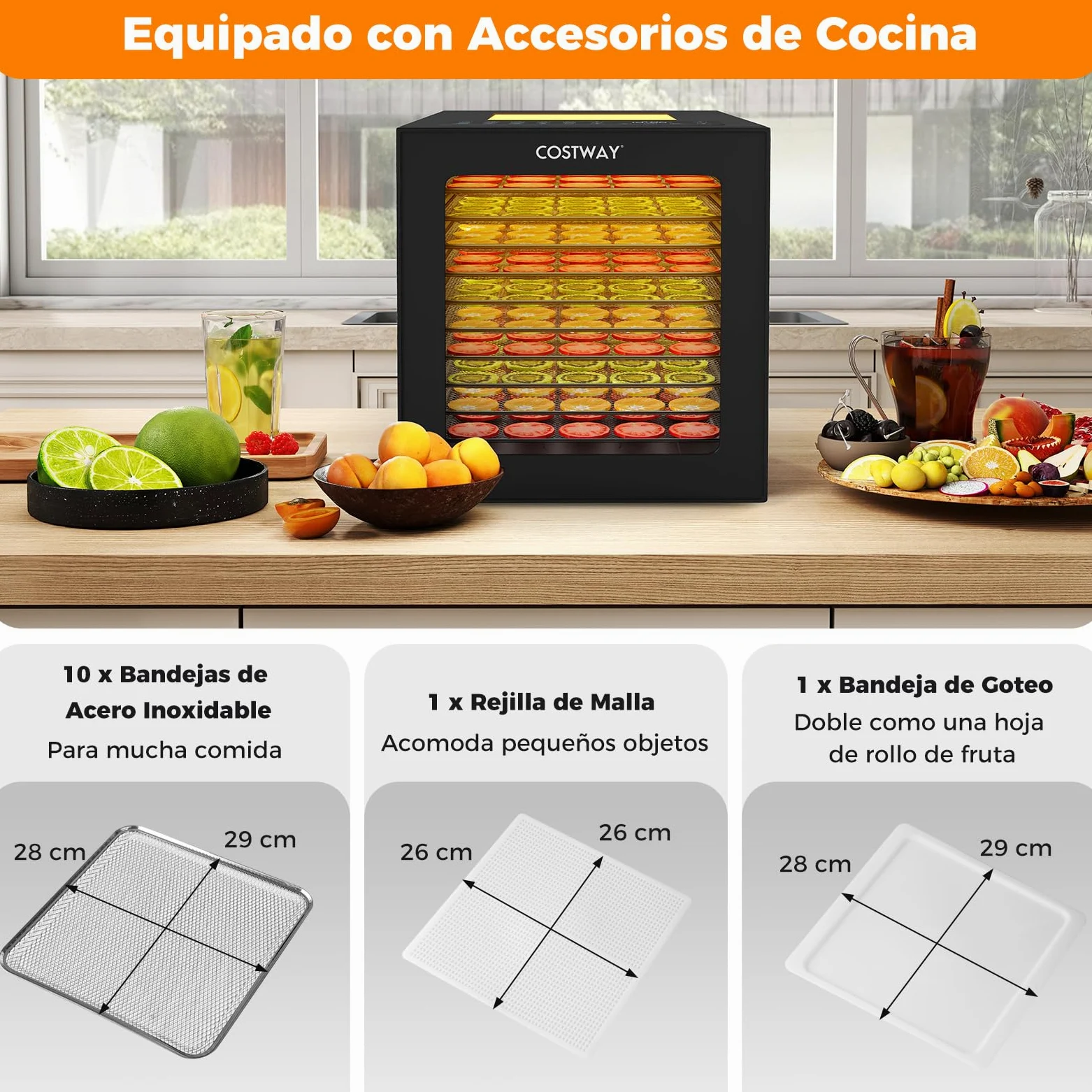 COSTWAY Deshidratador de Alimentos, Secador con 10 Bandejas de Acero Inoxidable, 10 Programas, Temporizador de 48H y Temperatura de 30-75℃, Máquina Deshidratadora para Carne, Frutas
