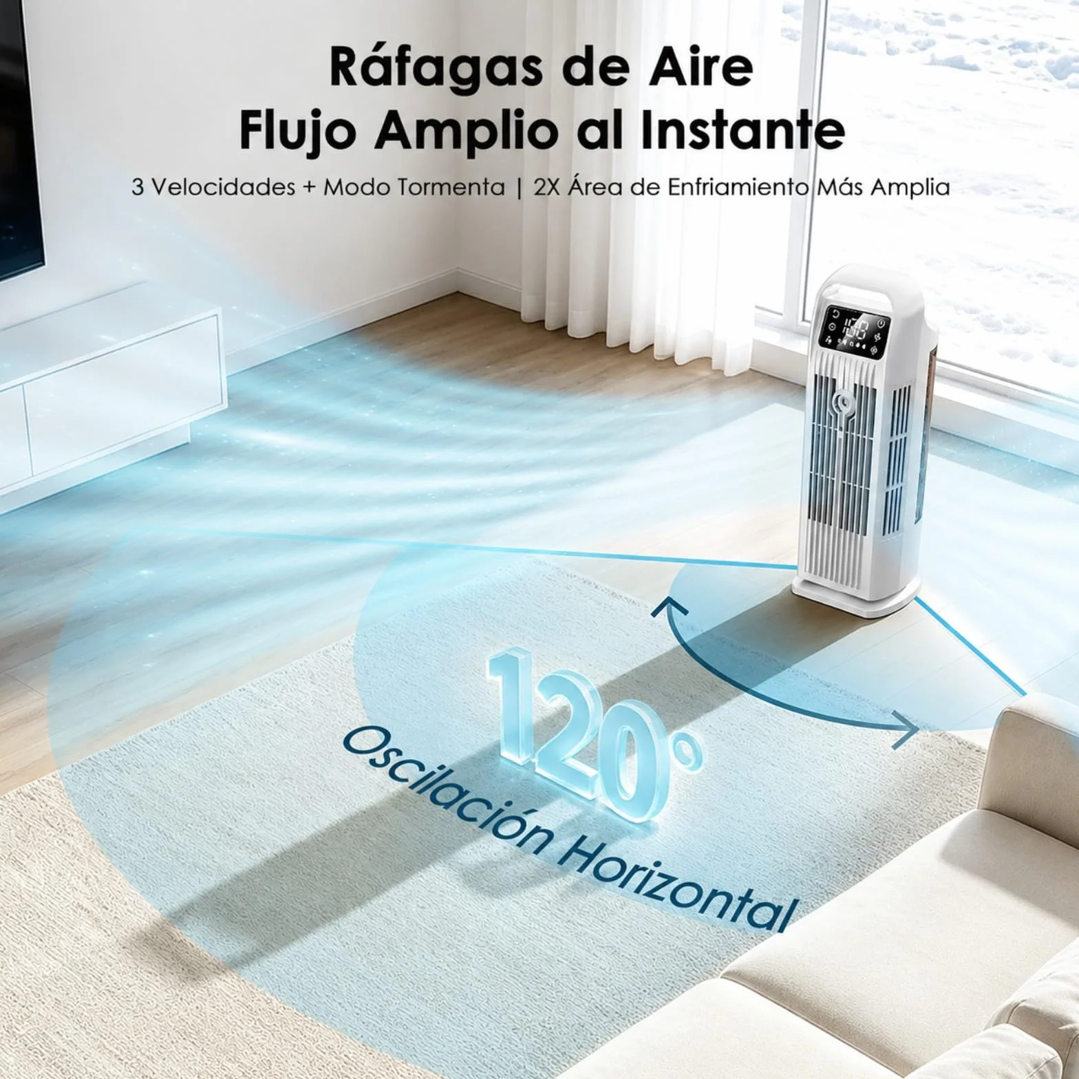 Aire Acondicionado Portátil sin Tubo, Climatizador Evaporativo 6 en 1 Bajo Consumo, Ventilador Torre Silencioso con Mando, Oscilación 120°, Depósito 1.2L, Temporizador 12H, Blanco Polar