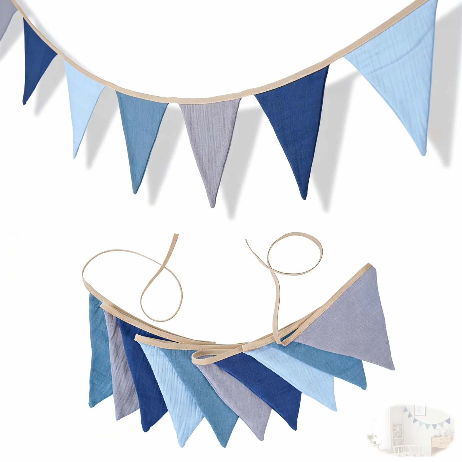 Guirnalda de banderín de algodón suave, guirnalda de banderines de gasa para decoración de habitación infantil, cama de casa y pared de fiesta, ideal como regalo perfecto (azul)