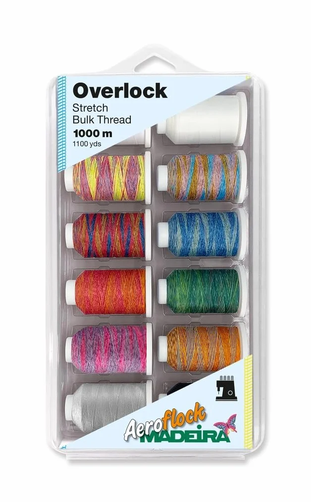 BLISTERBOX AEROFLOCK - Box: Aeroflock No.100: 12 x 1,000m: 8 Variegated & 4 Solid Colour Miniking Spools - Madeira