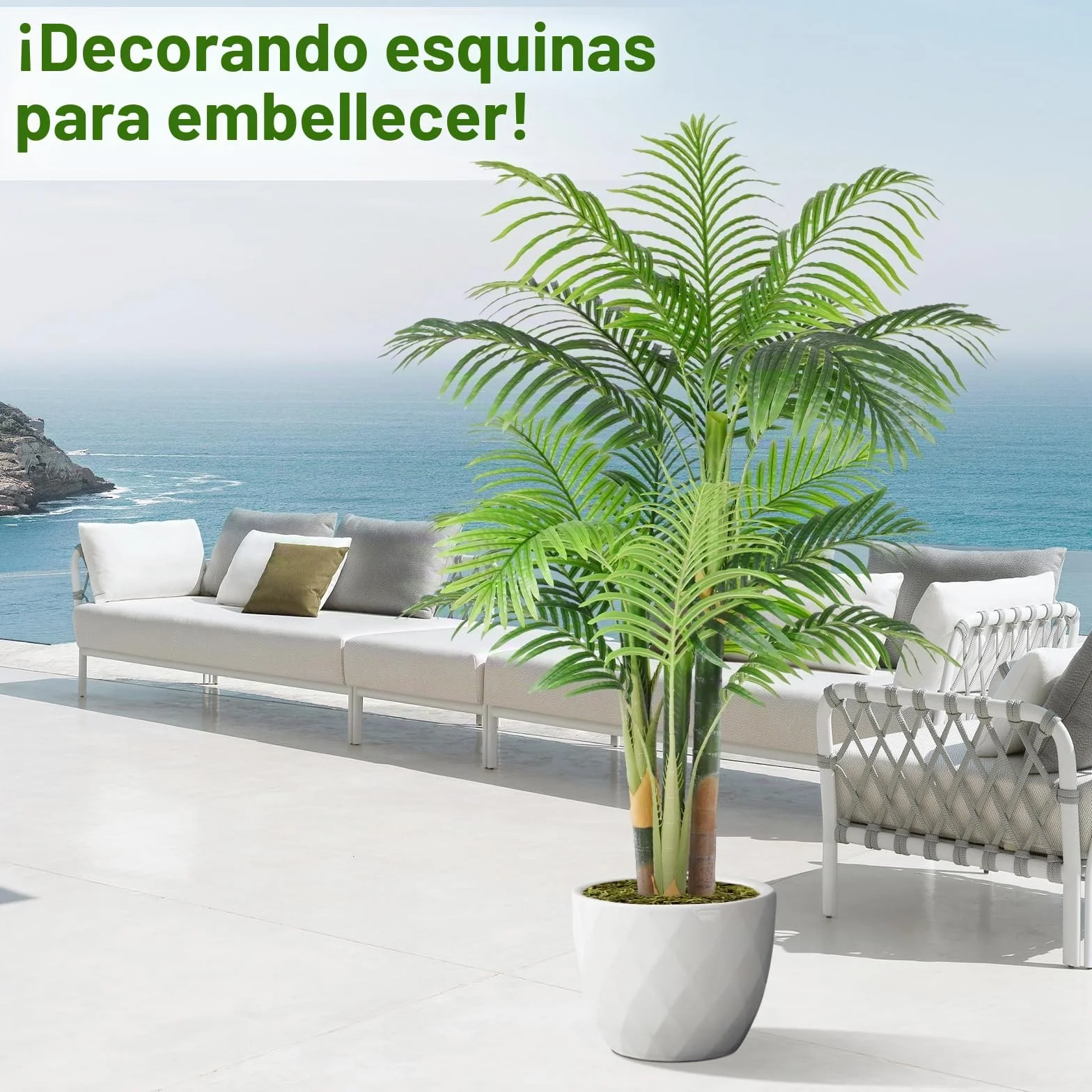 Palmera Artificial Triple Dorado 150cm, Planta Artificial Exterior Grande, arbol Artificial Interior o Exterior Alta para Patio Junto a la Piscina Césped Oficina Salón Balcón Jardín (1Pack)