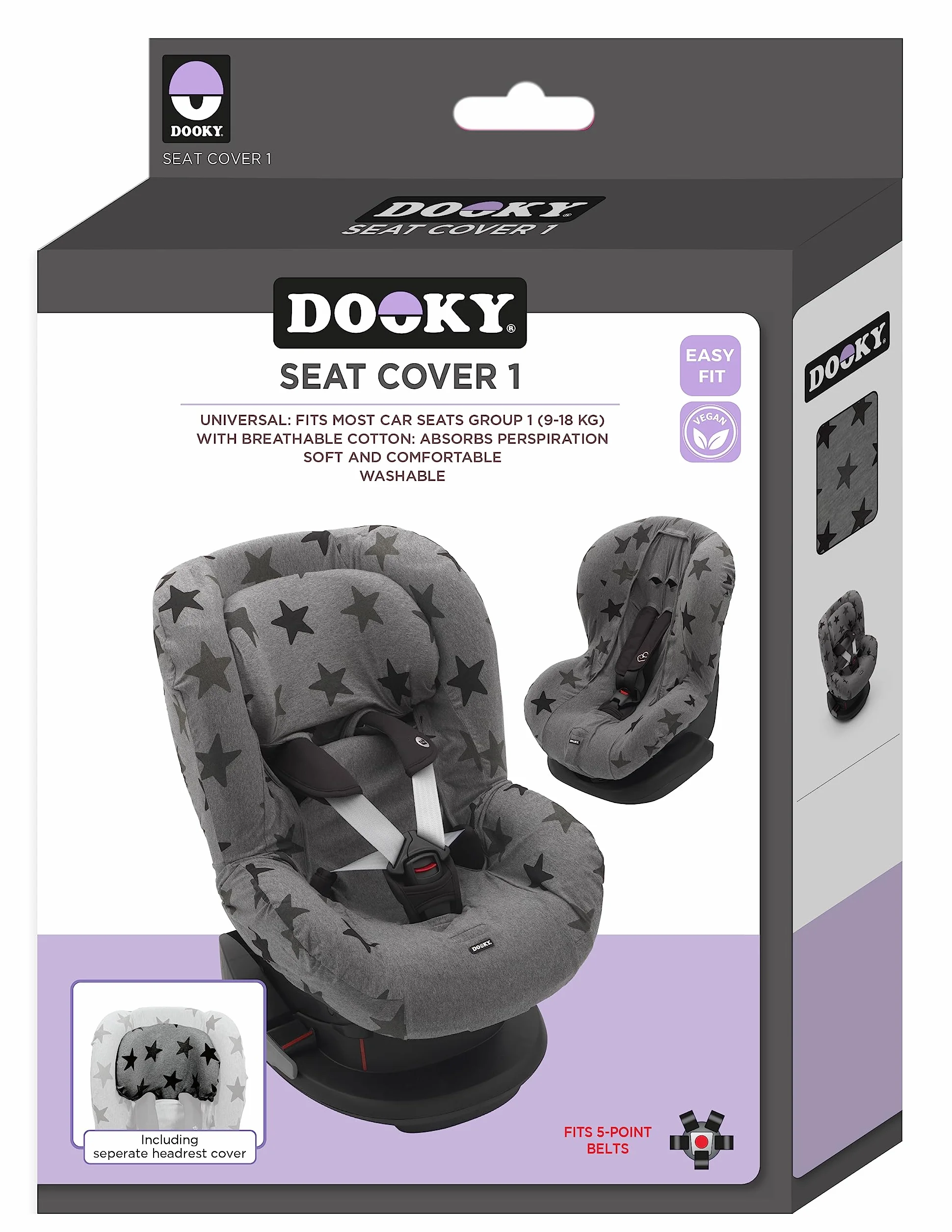 Dooky Grey Stars Funda De Asiento Infantil (ajuste Universal Para Muchos Modelos Populares, Grupo De Edad 1+ 9 - 18 Kg, Sistema De Cinturón De 3 Y 5 Puntos) (126826), Gris Con Estrellas