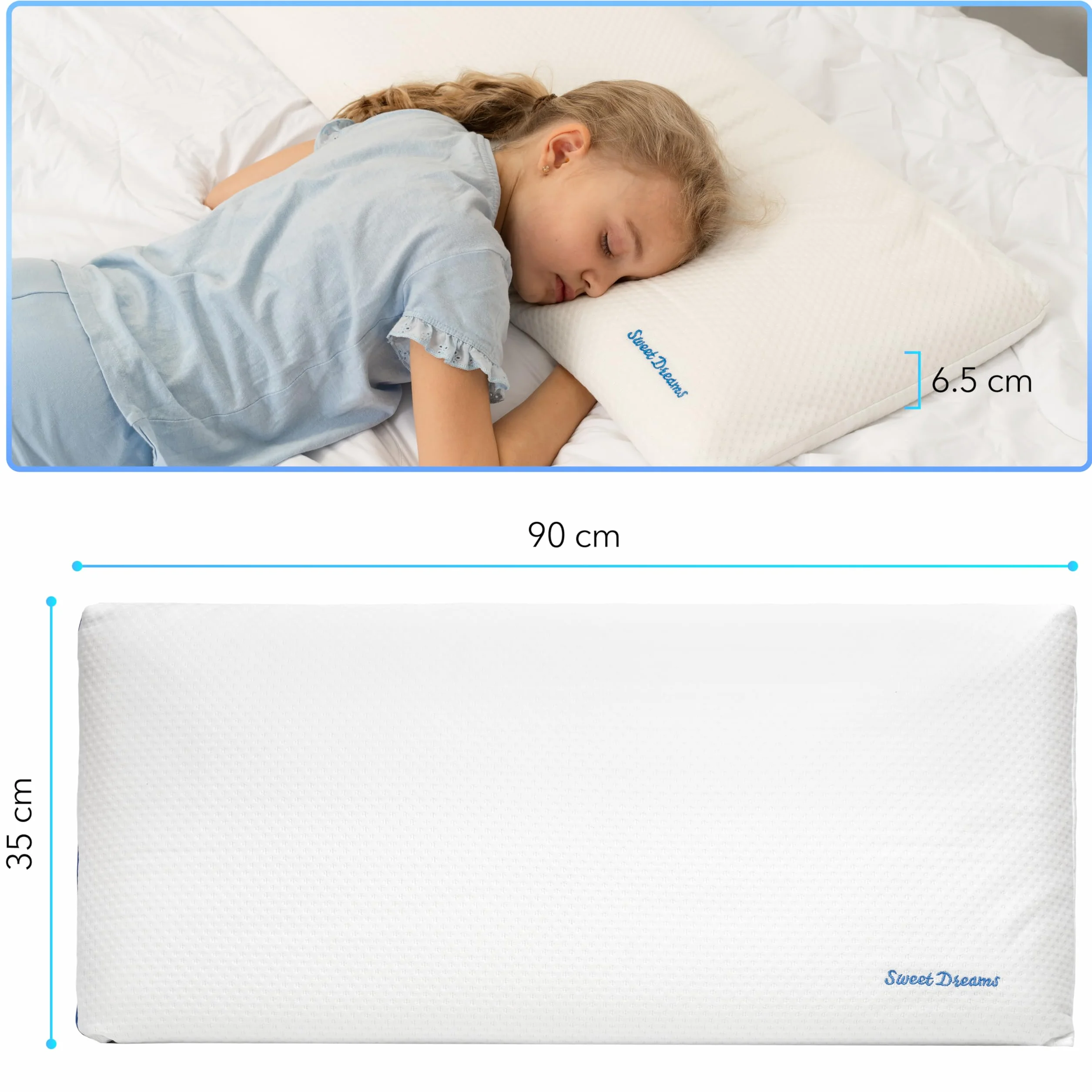 Almohada Infantil Viscoelástica 90 x 35 x 6,5 cm Ergonómica e Hipoalergénica Hecha en España Almohada Plana para Niños a Partir de 3 Años con Funda Stretch con Viscosa