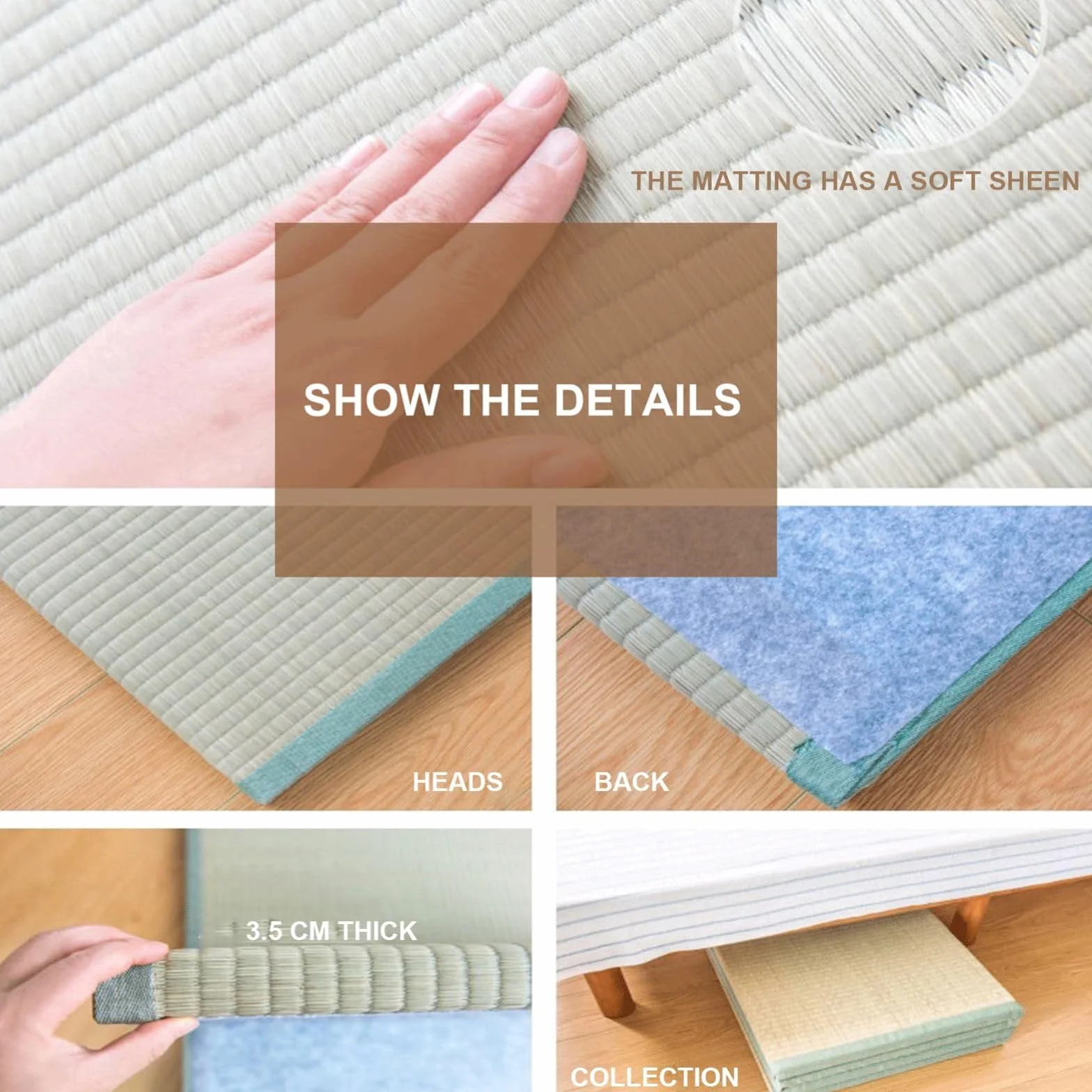 Tradicional Japonesa Tatami, futón Verde 100％ Natural de Rush Hierba(sin Teñir),a 4 Pieghe,para la meditación Yoga Zen Room japonés Tearoom,3.5cm Grueso(Size:90×200×3.5cm)