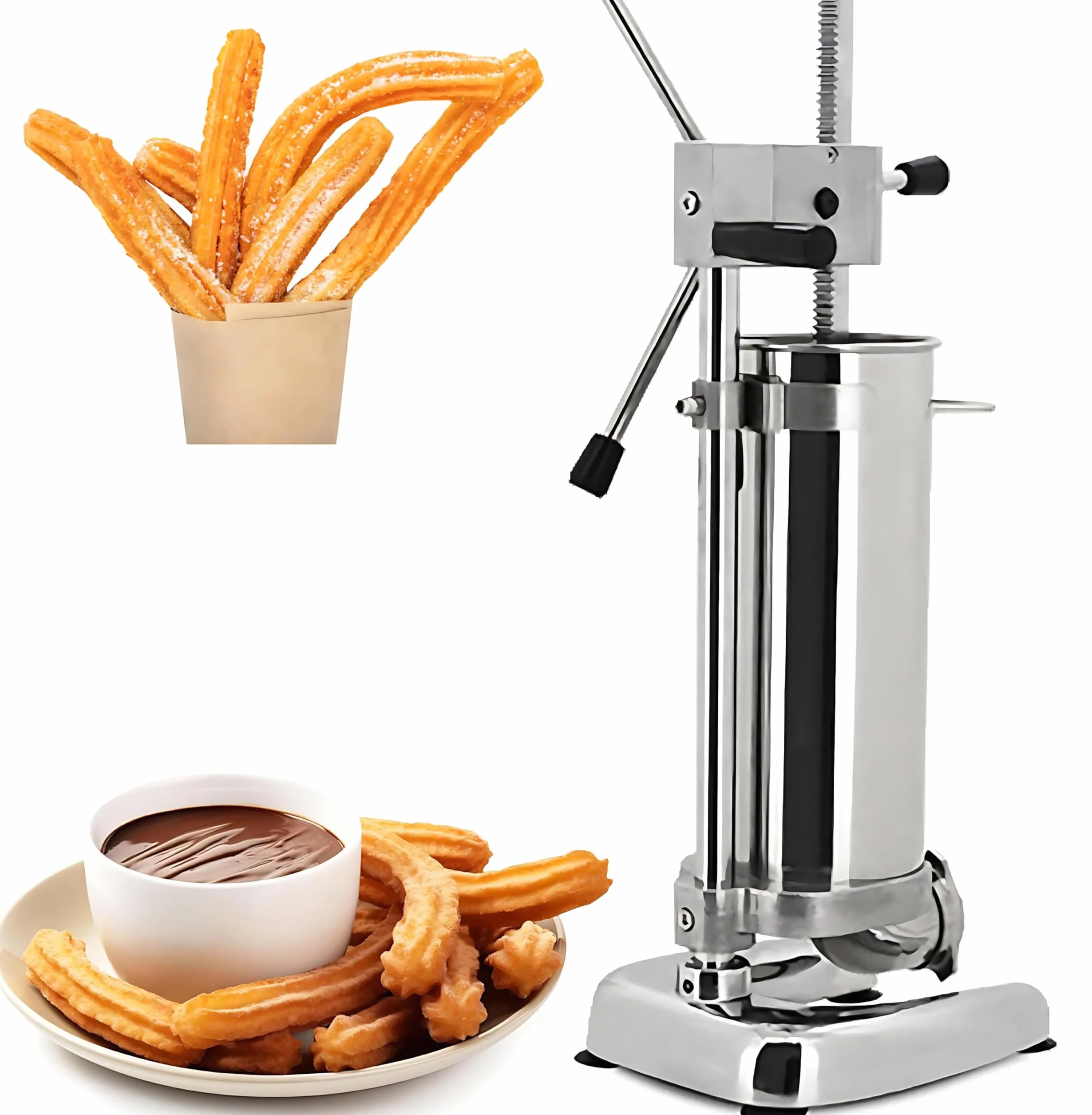 Máquina para Hacer Churros Manual, Máquina para Hacer Rellenos de Churros, Máquina para Hacer Churros de Rosquillas Españolas Manual Comercial de 3L, 5 Tipos de Moldes
