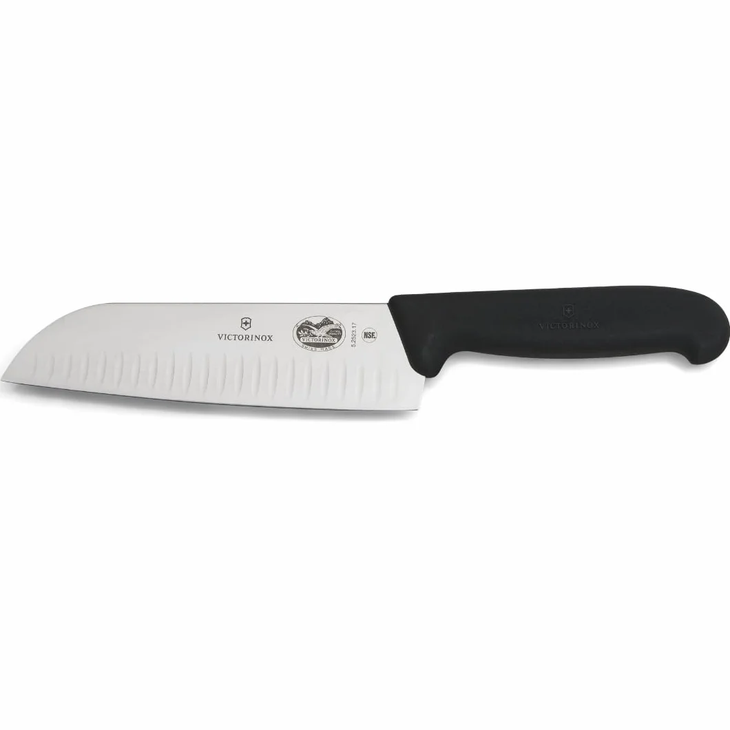 Victorinox Fibrox Cuchillo Santoku con hendiduras, cuchillo de cocina japonés para carne, pescado y verdura, 17 cm, afilado, acero inoxidable, negro