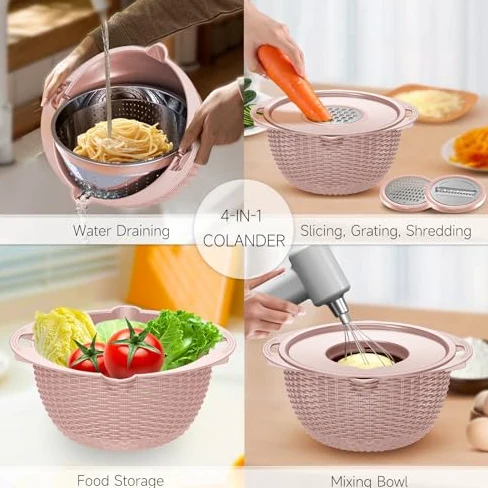Juego de colador con cuenco para mezclar, colador de alimentos de cocina para pasta, arroz, frutas y verduras, ideal para preparación de ensaladas y artículos esenciales para el hogar