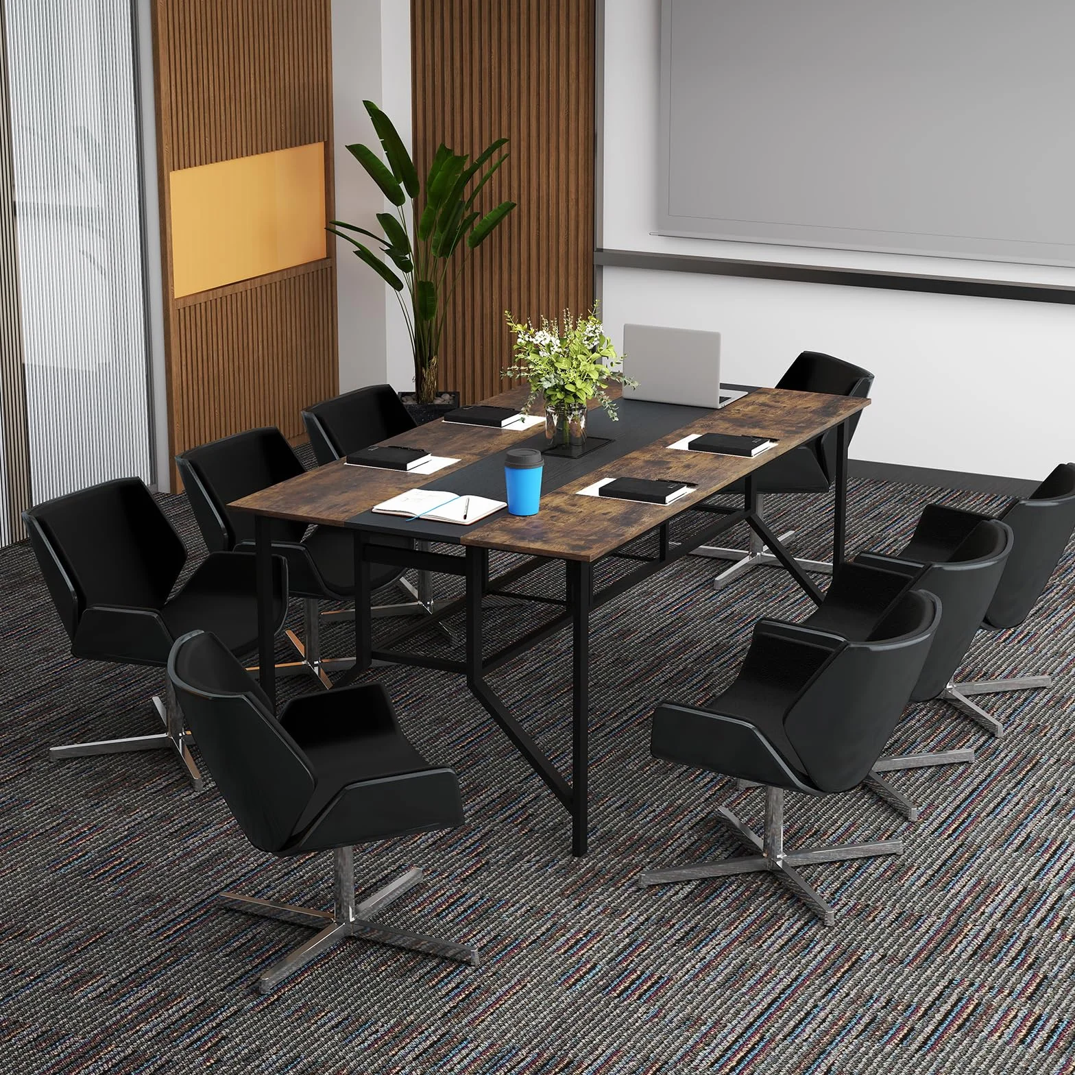 GIANTEX Mesa de Conferencia Rectangular, Mesa de Reuniones Grande con Pasacables y Estante de Almacenamiento, Estructura de Metal, 180 x 96 x 76 cm, para Oficina, Casa