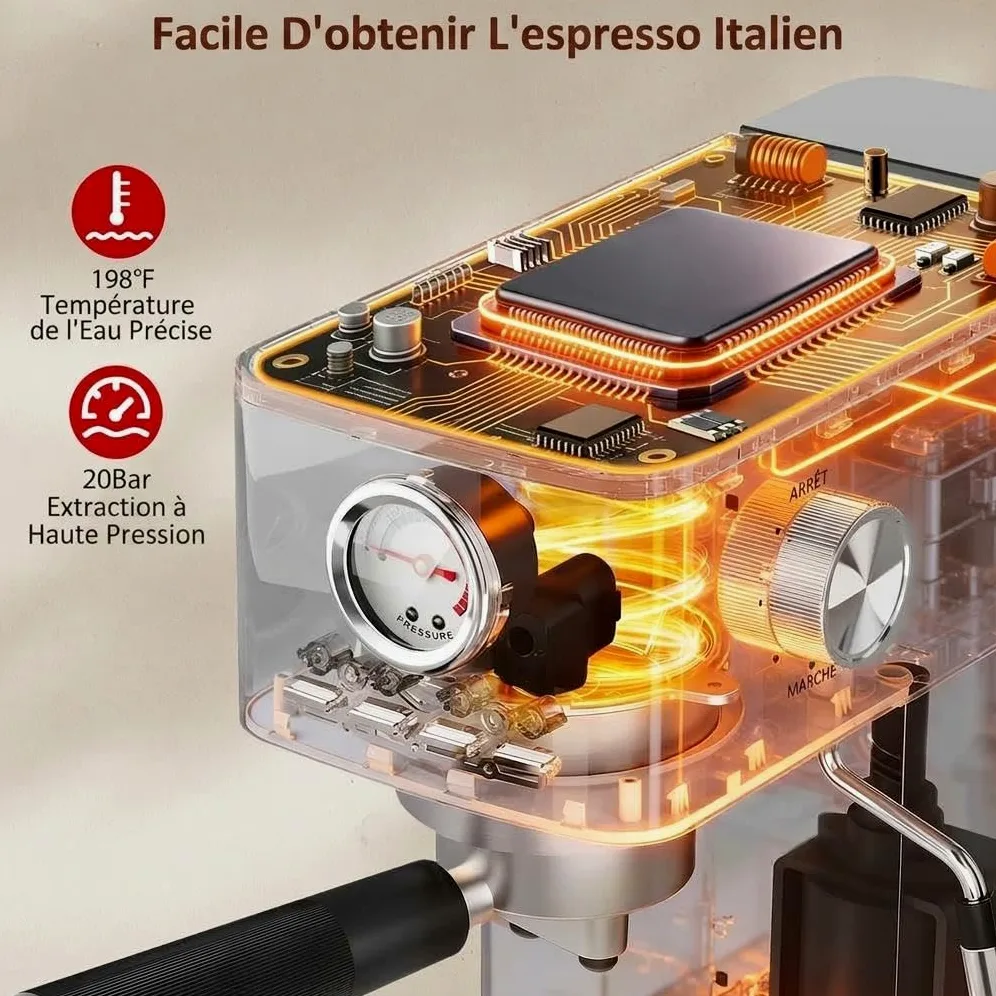 Acekool Máquina de espresso semiautomática 15 bares 1300W - Depósito 1,4L, manómetro, espumador manual - Calentador rápido, acero inoxidable, para café, capuchino, latte - plata (estándar europeo)