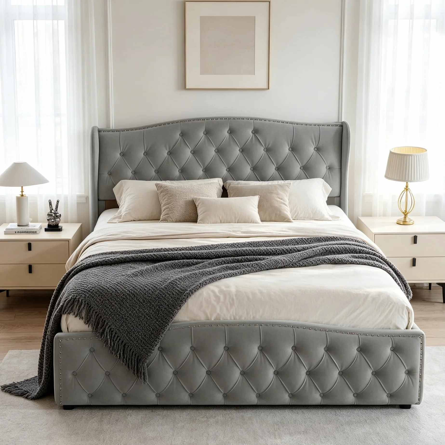 BRILVERDE Cama Tapizada 140x200 con Almacenaje, Cama matrimonial, Cabecero Acolchado y Base de Láminas, Terciopelo (Gris, 140 x 200 cm)