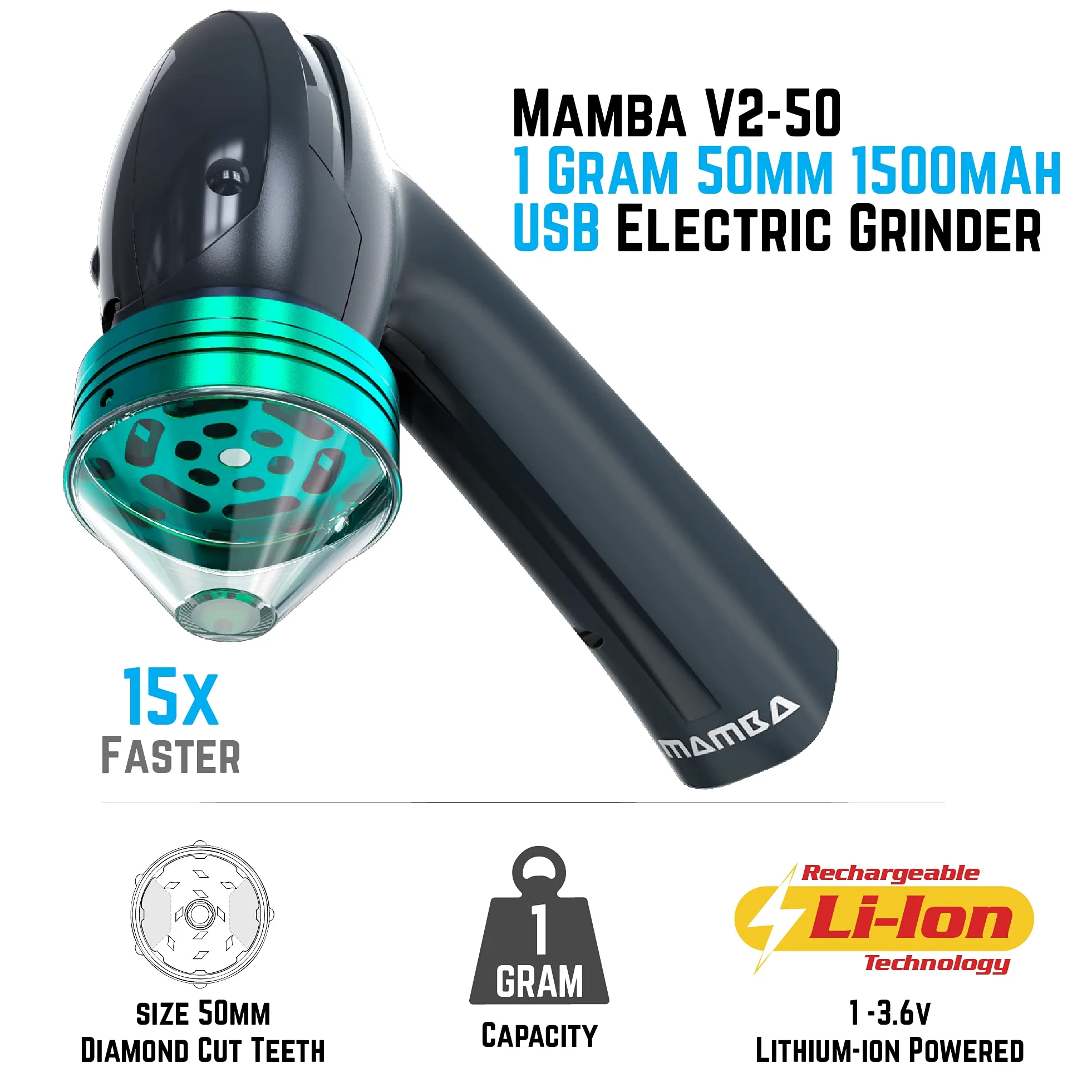 Mamba 1g 50mm Molinillo de Hierbas Eléctrico. Batería de Li-ion recargable por USB para una molienda rápida con una sola mano. Interruptor basculante en dos direcciones para la trituración eficaz