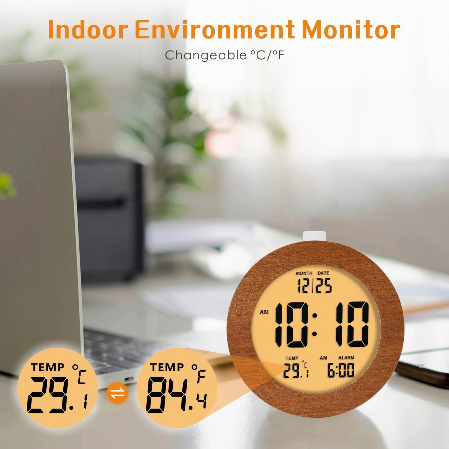 Plumeet Reloj despertador digital de madera para dormitorios, reloj despertador de madera de 4 pulgadas con repetición y luz nocturna, reloj electrónico LCD de escritorio que muestra la hora, fecha,