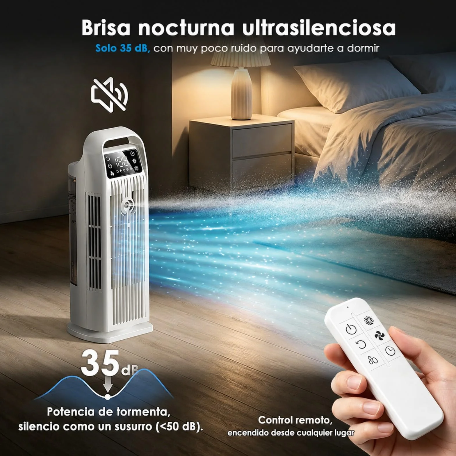 Aire Acondicionado Portátil sin Tubo, Climatizador Evaporativo 6 en 1 Bajo Consumo, Ventilador Torre Silencioso con Mando, Oscilación 120°, Depósito 1.2L, Temporizador 12H, Blanco Polar
