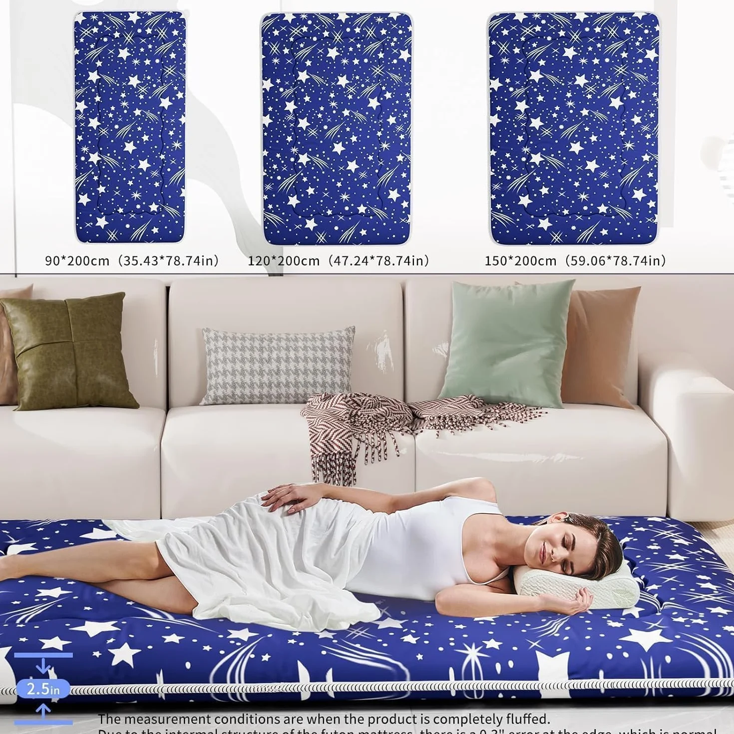 Kiseely Colchones para futones, Colchón futón japonés, Tatami Plegable, portátil, con Bolsa y Correa, para Dormitorio, colchón de Suelo Grueso, colchón Enrollable para Acampar (Azul RC1, 120X200cm)