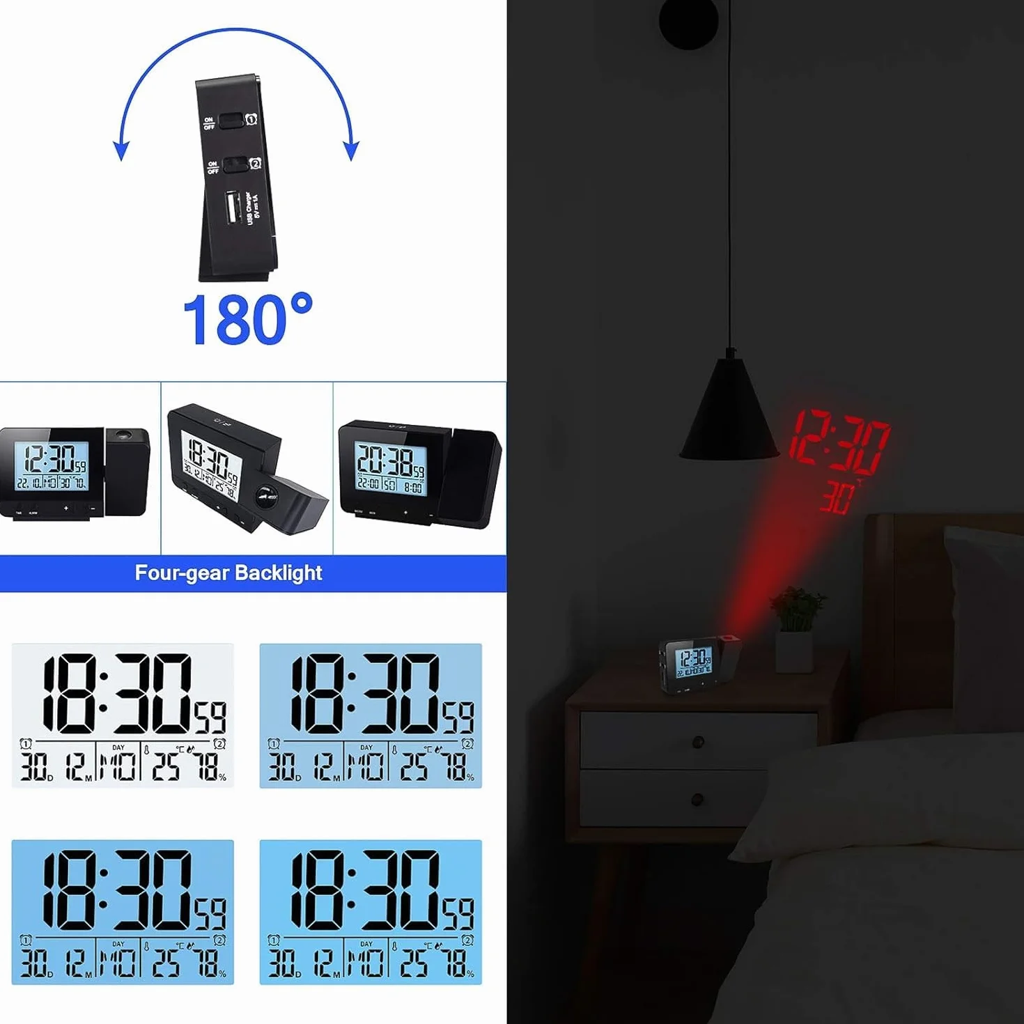 Despertador Digital De Proyección, Despertador con Proyector De Techo, Despertador De Mesita De Noche Digital con Temperatura Snooze Luminosidad Ajustable, Despertador Digital De Mesita De Noche