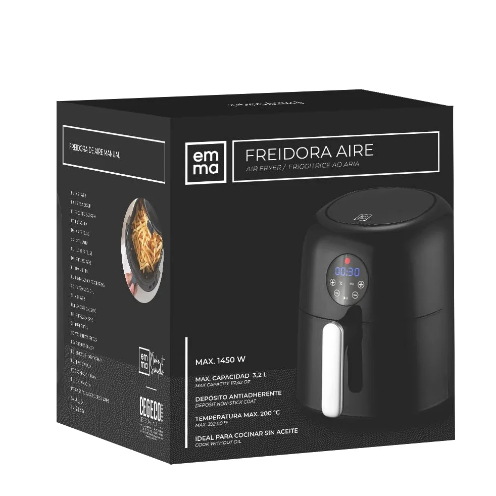 EMMA, Freidora de Aire, 3.2 L, Antiadherente, 1450W, 29x28,5x34 cm, Negro, Cocina Saludable sin Aceite, Cesta Antiadherente, Temperatura Ajustable, Ideal para Hogar y Familia