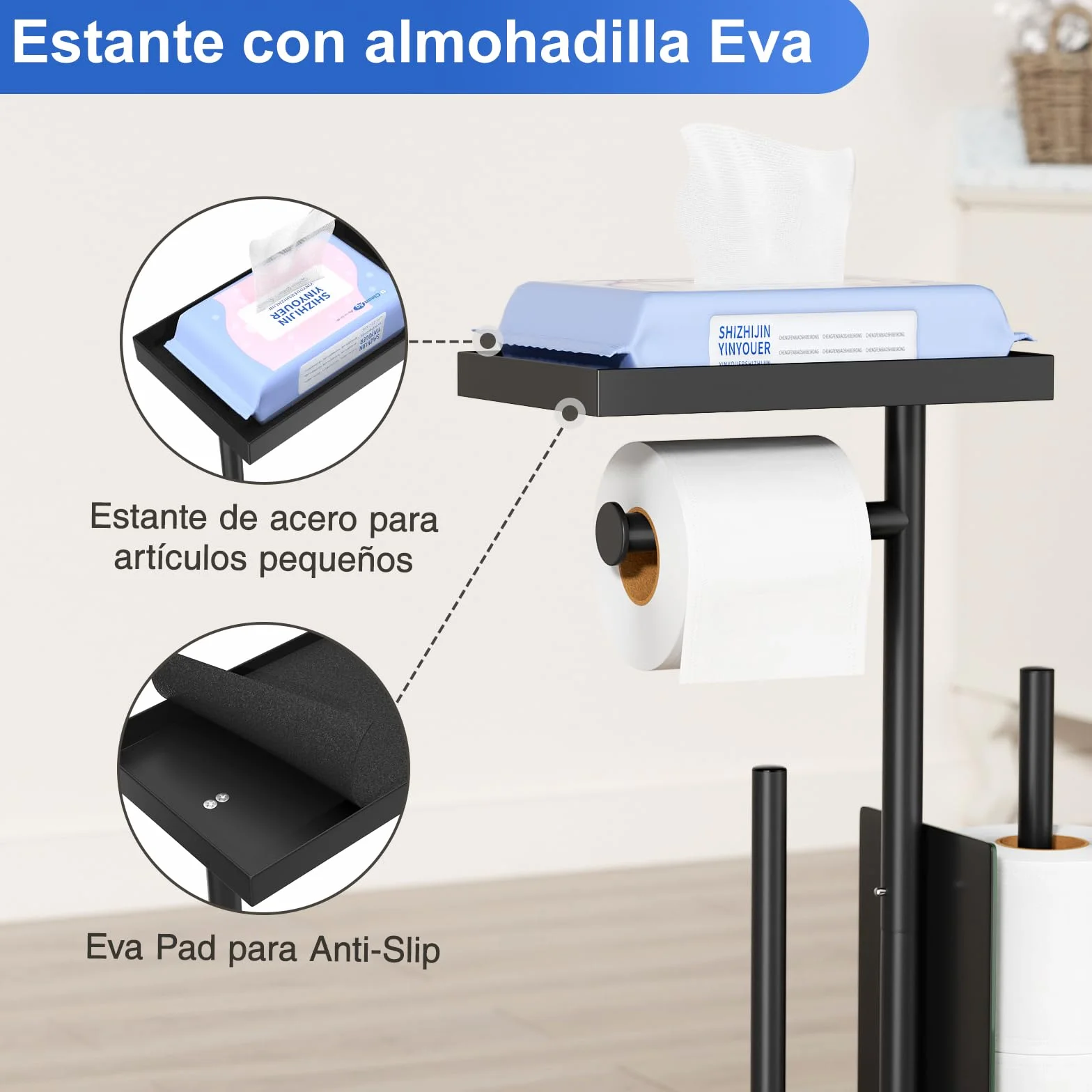 Portarrollos de papel higiénico de acero inoxidable de pie con escobilla y soporte para toallitas húmedas, inodoro
