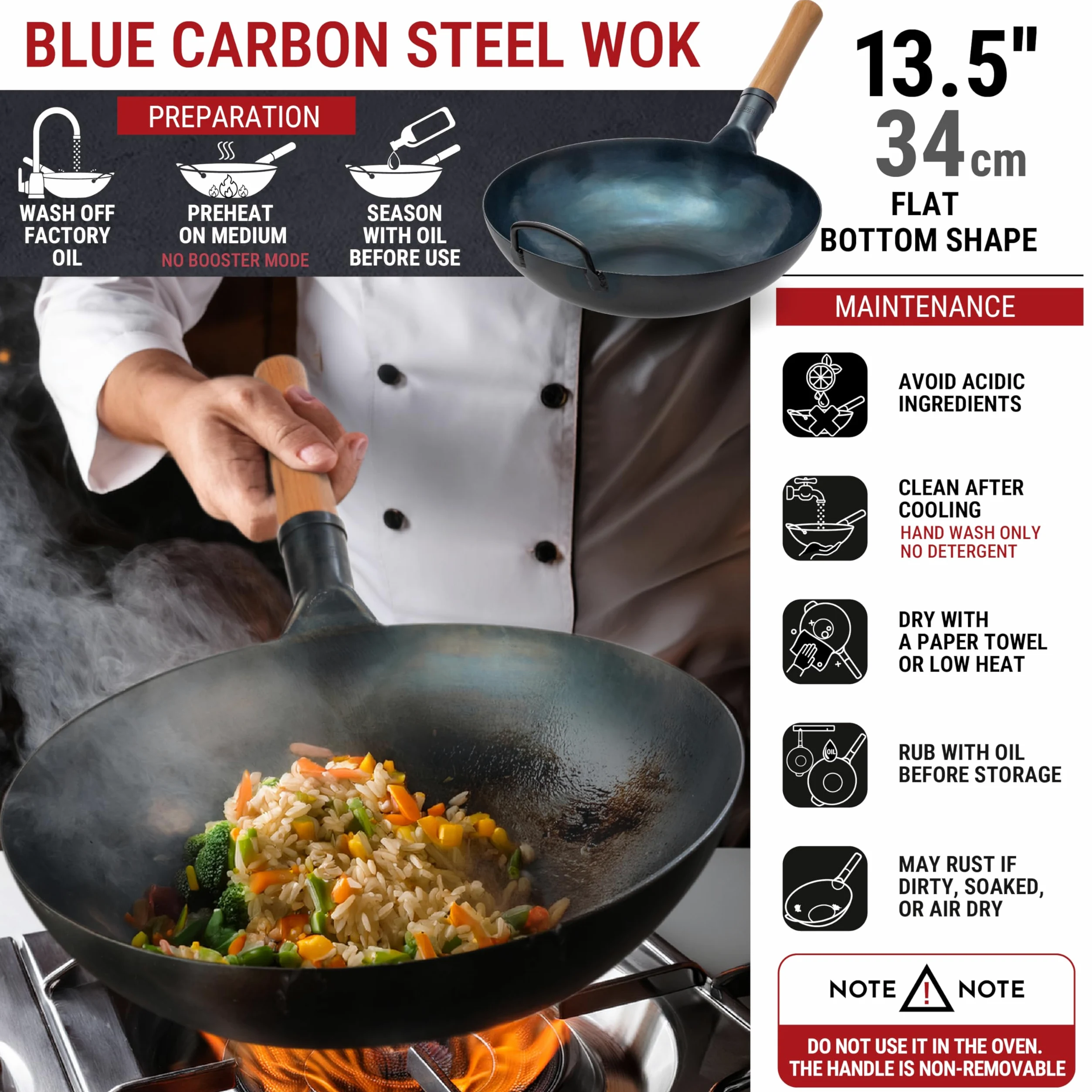 YOSUKATA Sartén Wok de Acero al Carbono 34 cm + Tapa Para Sartén Wok de Madera Natural de 34 cm