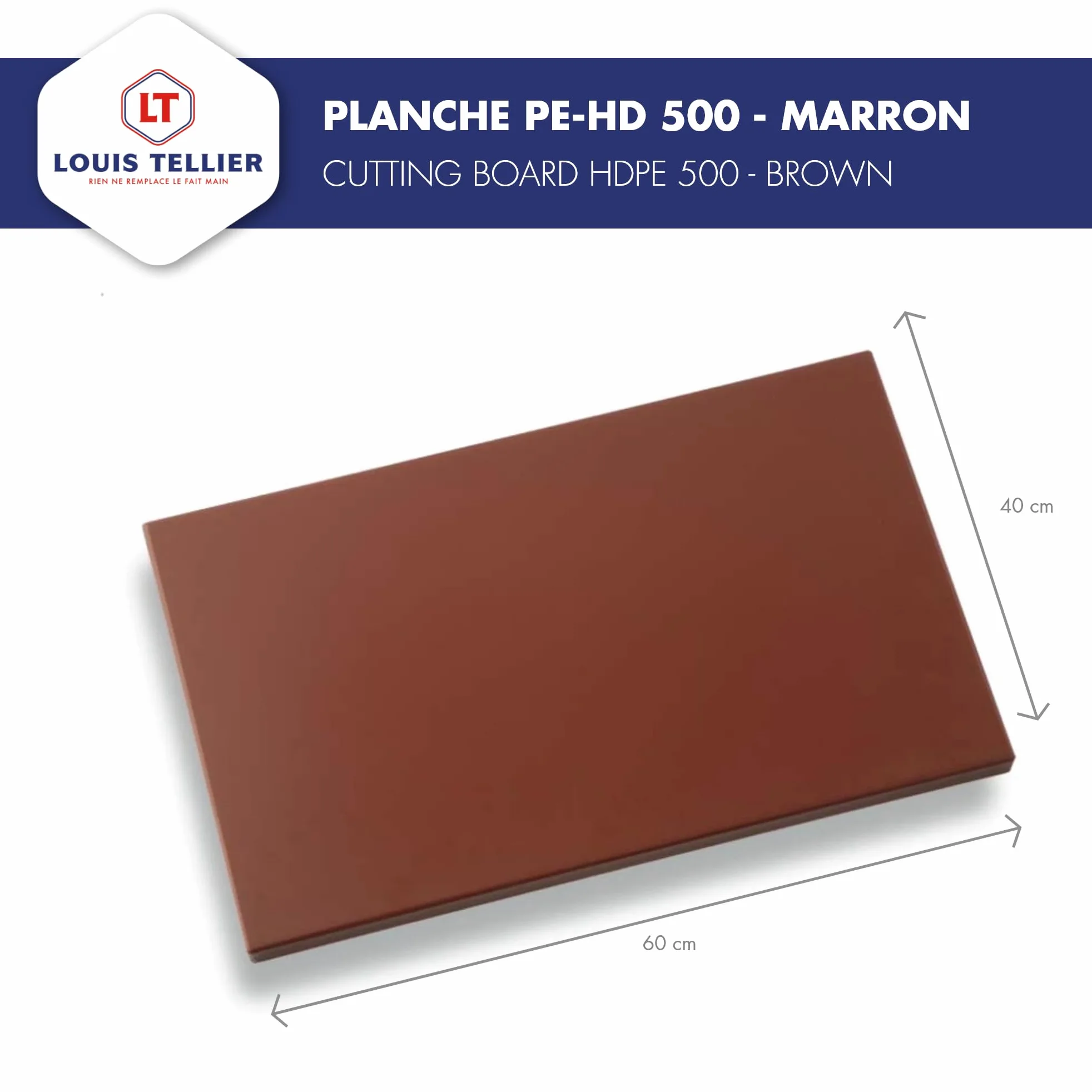 LOUIS TELLIER – Tabla de Cortar HDPE 500 – Antibacterias - Profesional – 60 x 40 x 2 cm – Marrón para Carnes Cocidas y Embutidos – Made in France