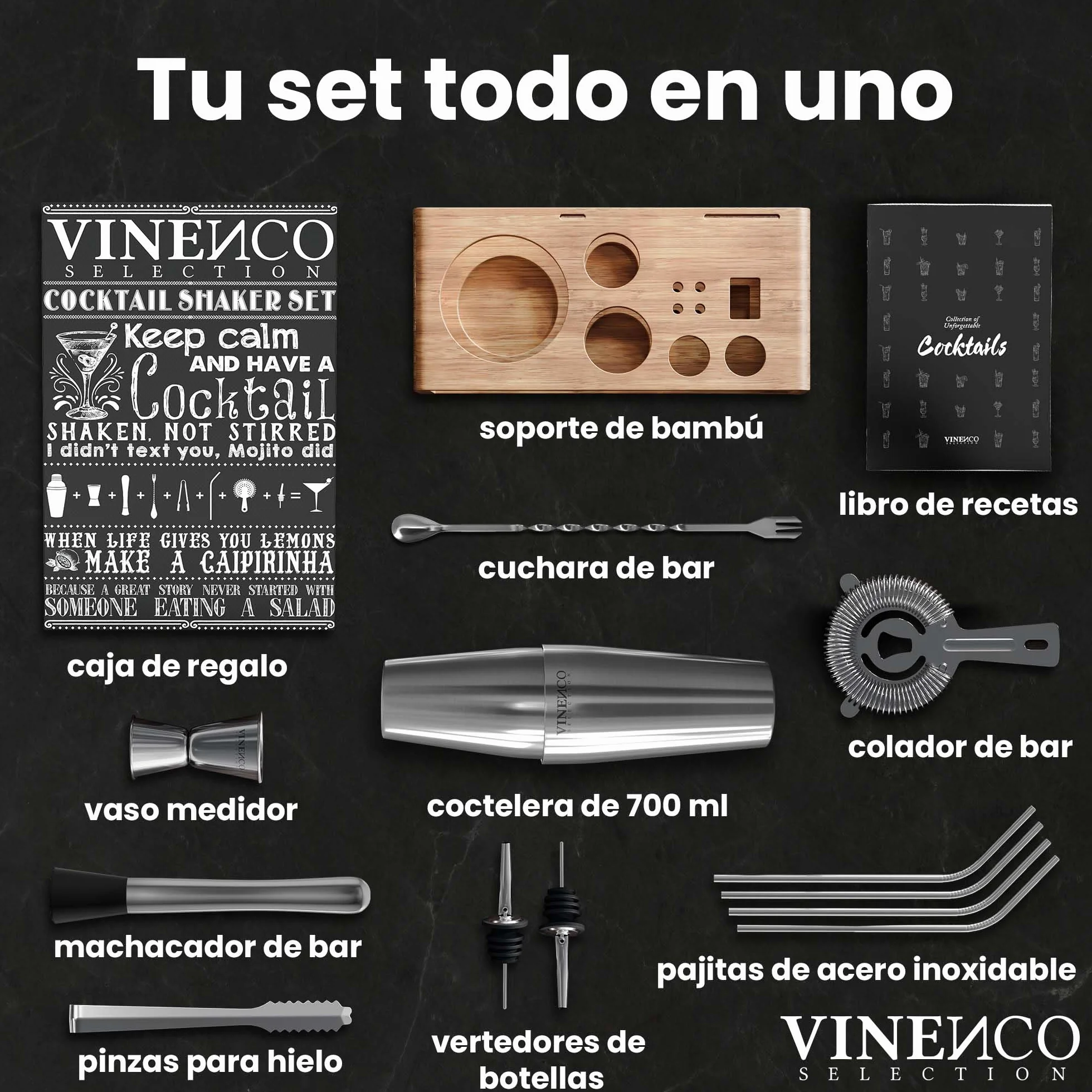 Coctelera Coctéles con Soporte Boston y Accesorios Profesional + Cóctel Recetas: Juego Coctelería de Calidad | Cocktail Shaker Set Fiesta Bar Kit: Martini Gin Tonic Mojito, Caja Regalo Mujer Hombre