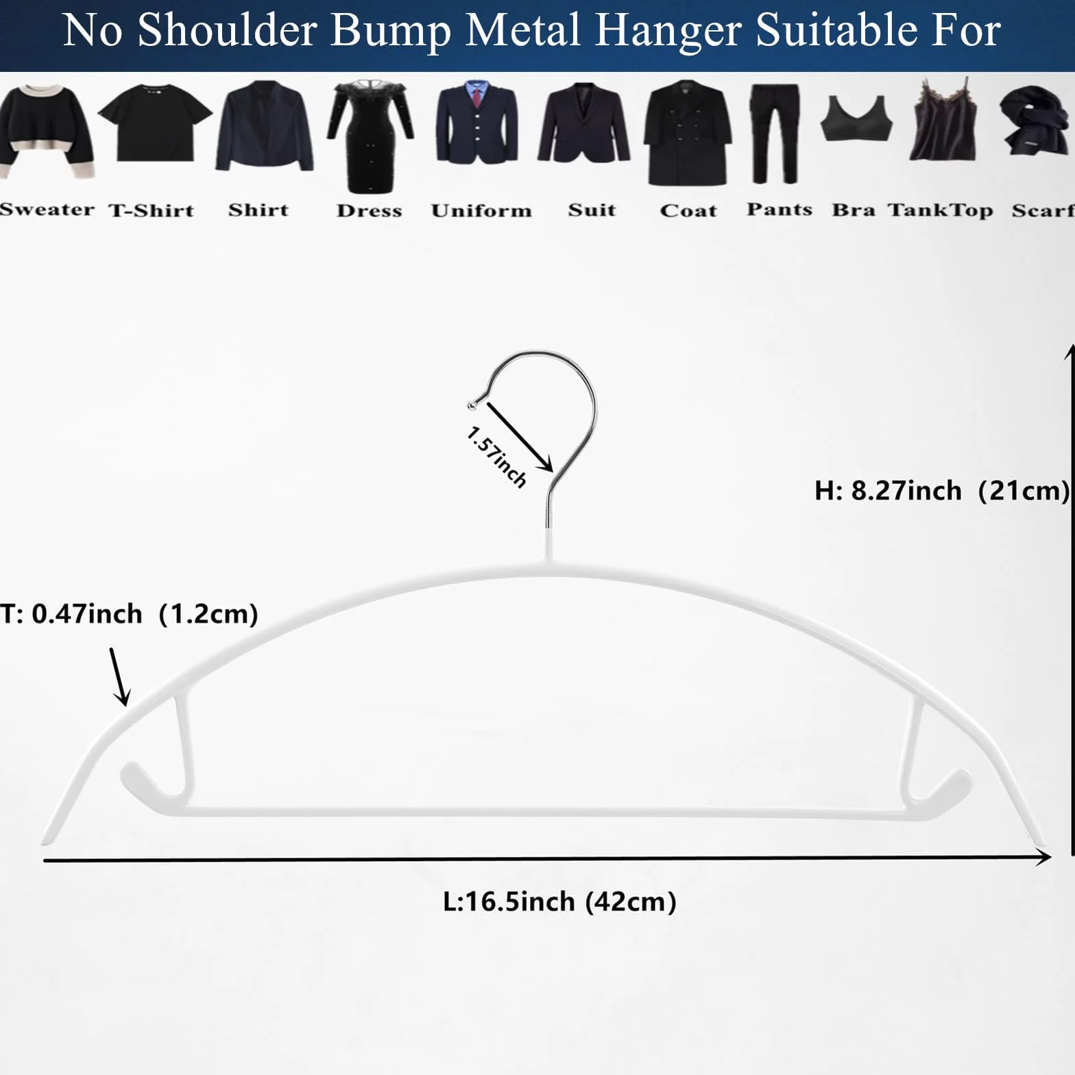 Contour - Percha de metal, 43 cm, revestimiento de goma antideslizante, diseño sin hombros para suéteres y trajes, incluye barra para pantalones, paquete de 20