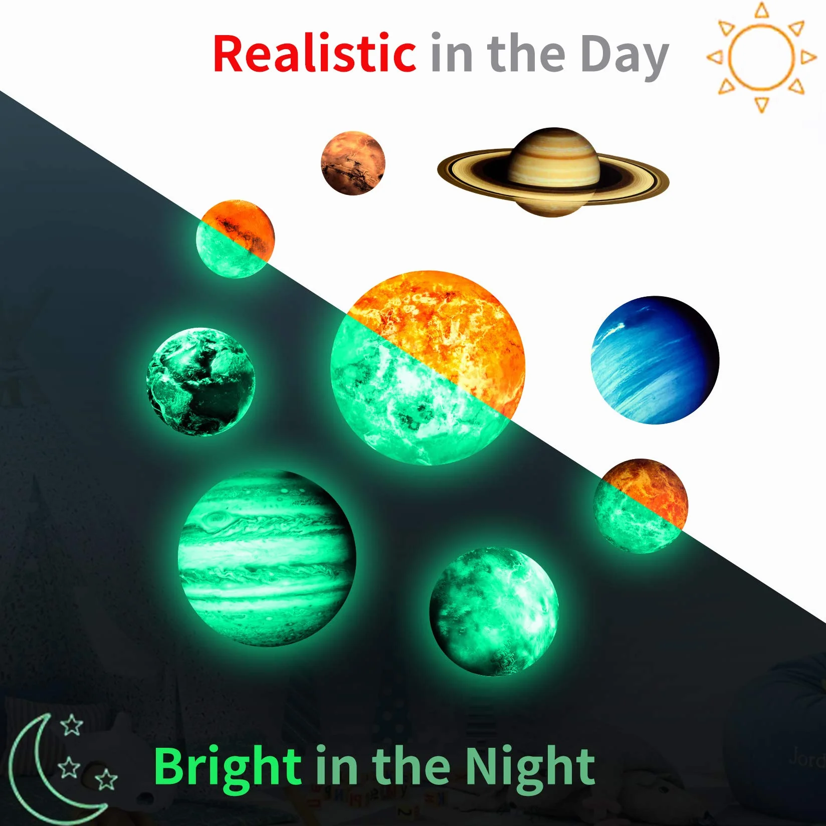 Yosemy Luminoso Pegatinas de Pared 9 Planetas Estrellas Sistema Solar Fluorescente Adhesivos Decoración Dormitorio