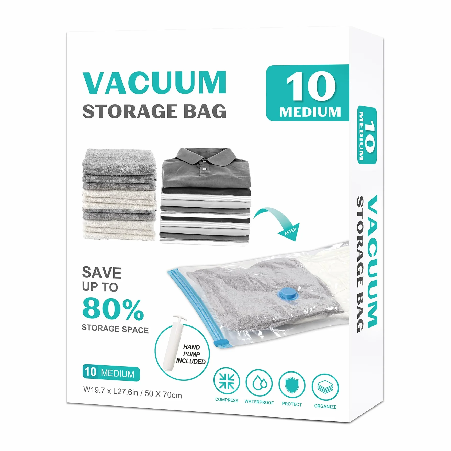Paquete de 10 bolsas de almacenamiento al vacío medianas para ropa de cama, bolsas de compresión para mantas de viaje y edredones, bomba de mano incluida