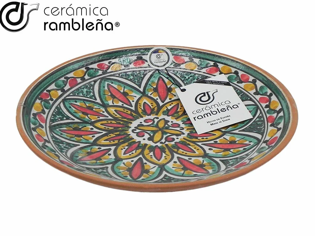 CERÁMICA RAMBLEÑA | Plato decorativo para colgar en pared | Plato de cerámica | Rojo-Verde-Amarillo | 100% Hecho a mano | 27x27x4.5 cm