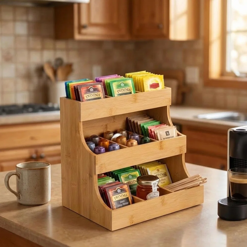 Bolsa de té, Organizador de té, Caja de té de Madera con 9 Compartimentos de Almacenamiento, cápsulas de café y Paquetes de azúcar, Organizador de Bolsas de té para el hogar, Cocina, Oficina y