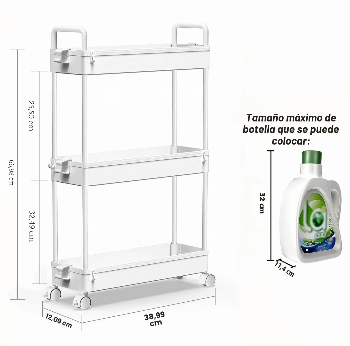 SOLEJAZZ Carro de Almacenamiento de 3 Niveles, Deslizante, Delgado, utilitario, Organizador de estantes de Almacenamiento móvil para Cocina, baño, lavandería, Lugares Estrechos, plástico, Blanco