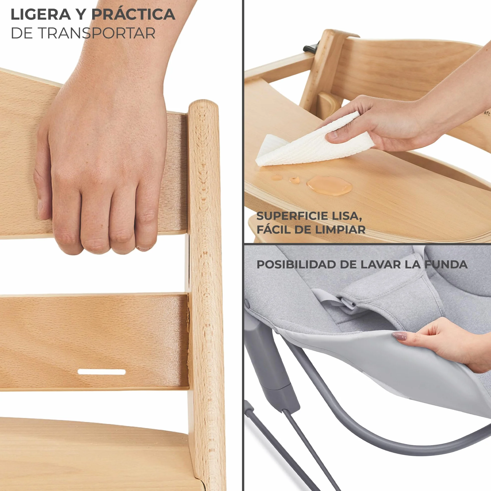 Kinderkraft ENOCK Trona bebé de Madera + Hamaca Bebé CALMEE, Silla alta Infantil Evolutiva Ergonómica, Gris