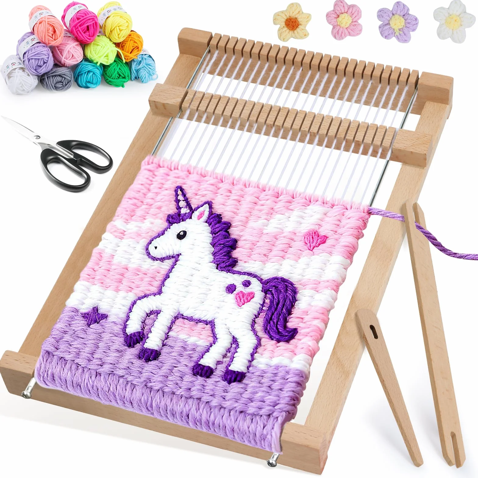 BSTDAYEVER Marco de Telar para Niños Marco Tejer Niños 19x29cm Kit Maquina de Tejer Madera Contiene 12 Hilos de Colores para Principiantes y Niño