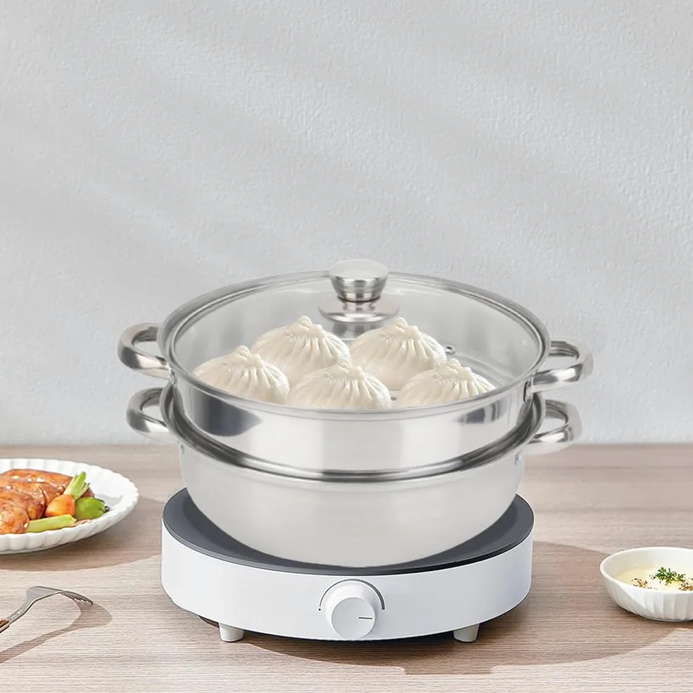 Tiiyee Steamer For Cooking, Vaporera De InduccióN Apilable Para Papas Mini Con Tapa Vidrio Cocinar Vapor Acero Inoxidable 2 Capas Olla Doble Caldera DiseñO Poroso Carne Y Ver Utensilios Cocina