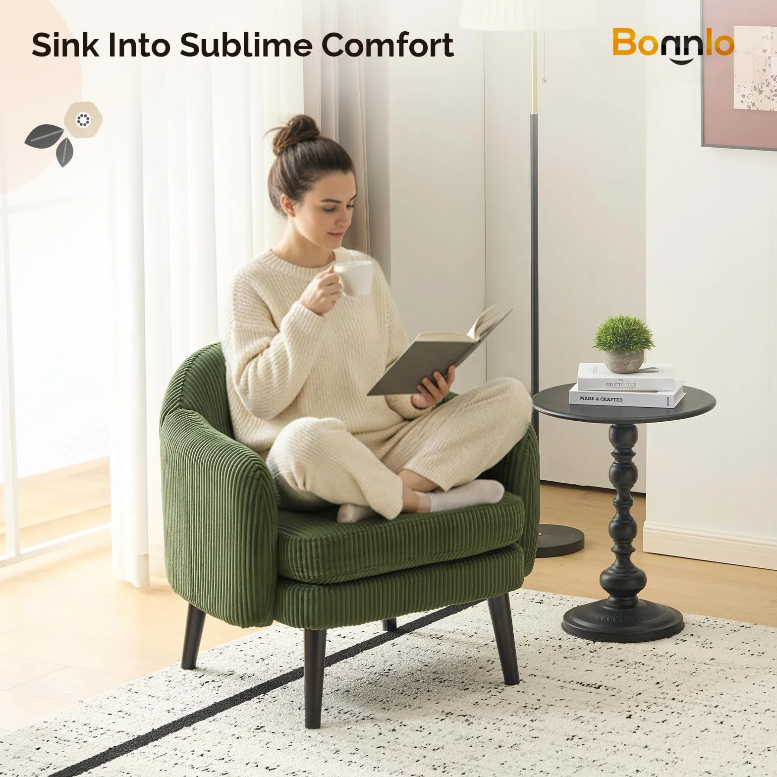 Bonnlo Butaca Tapizada de Pana Moderna, Sillón Individual de Lectura con Reposabrazos, Patas de Madera, Sillón Auxiliar para Salón y Dormitorio, Estilo Nórdico (Verde Oscuro)