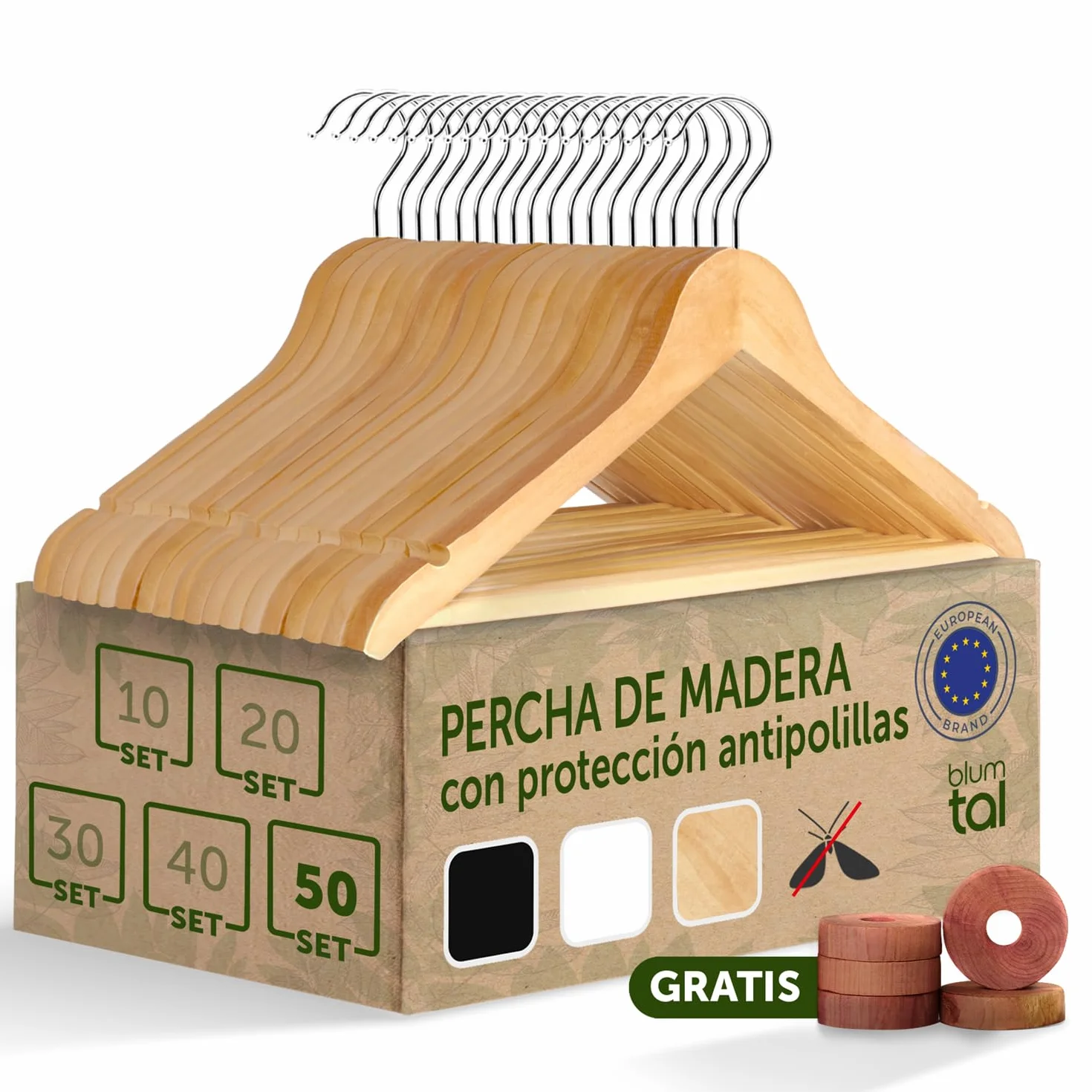 Blumtal Perchas de Madera 50 Unidades – Gancho Giratorio 360°, Barra para Pantalones y Ranuras Antideslizantes – Madera Maciza – Natural