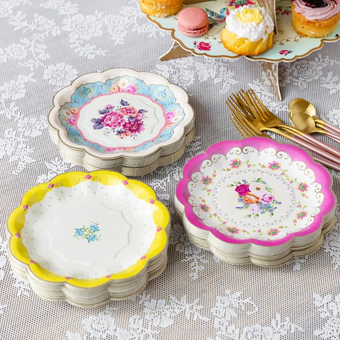 Talking Tables 144 platos de papel florales fuertes para fiesta de té de la tarde, decoraciones de mesa verdaderamente deliciosas, platos desechables, vajilla de cumpleaños, día de la madre, baby