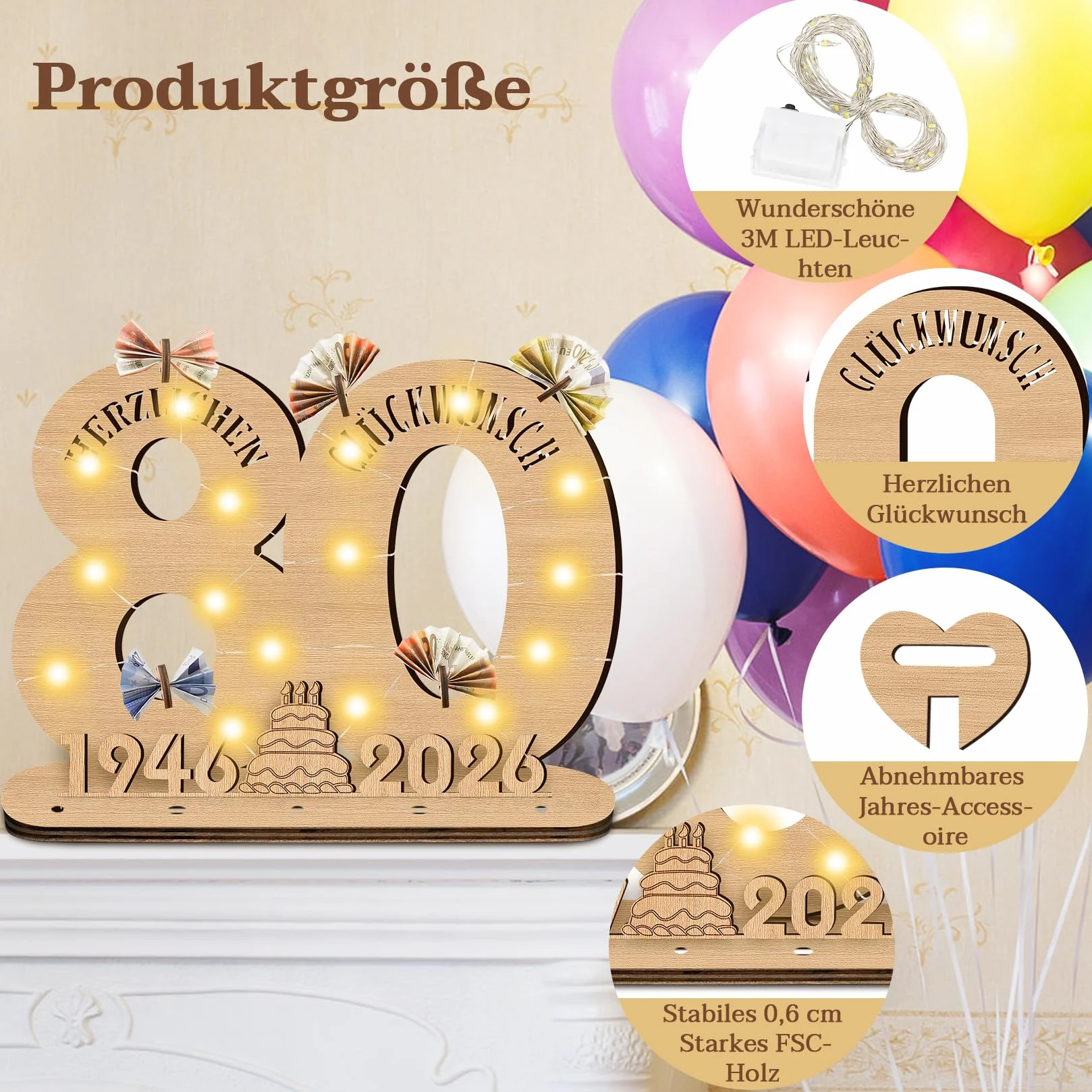 2026 80 cumpleaños decoración mujer hombre, regalos para 80 cumpleaños hombre regalos placa de madera con LED, 80 cumpleaños hombre libro de visitas regalo dinero regalos cumpleaños