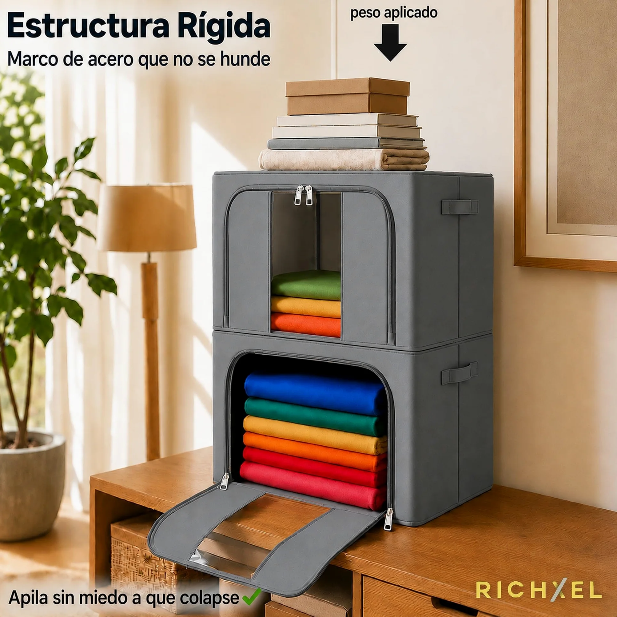 Cajas Almacenaje Ropa GRANDES Pack 2 · 66L (132L total) — Armario, Marco Metálico Rígido y Apilable, Plegable, Tela Oxford con Cremallera y Ventana Transparente Quitapelusas Incluido