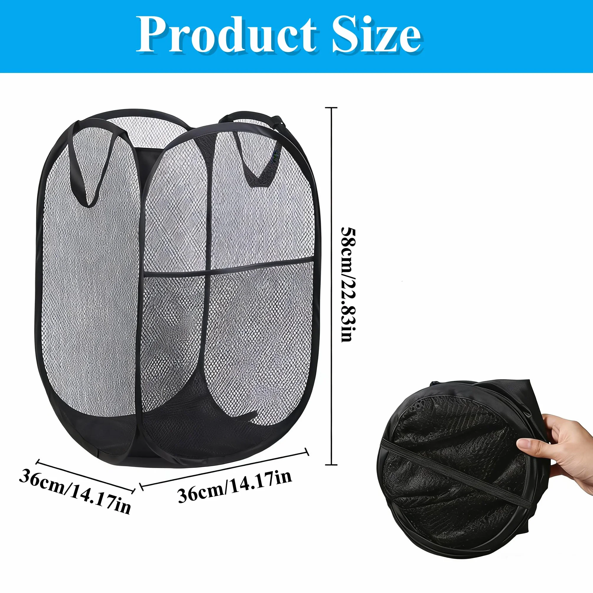 cestas plegables para la ropa sucia,36 x 36 x 58 Cesta de lavandería plegable Pop-Up Malla Cesto de Ropa con Asas para viajes de negocios,viajes y camping (negro)
