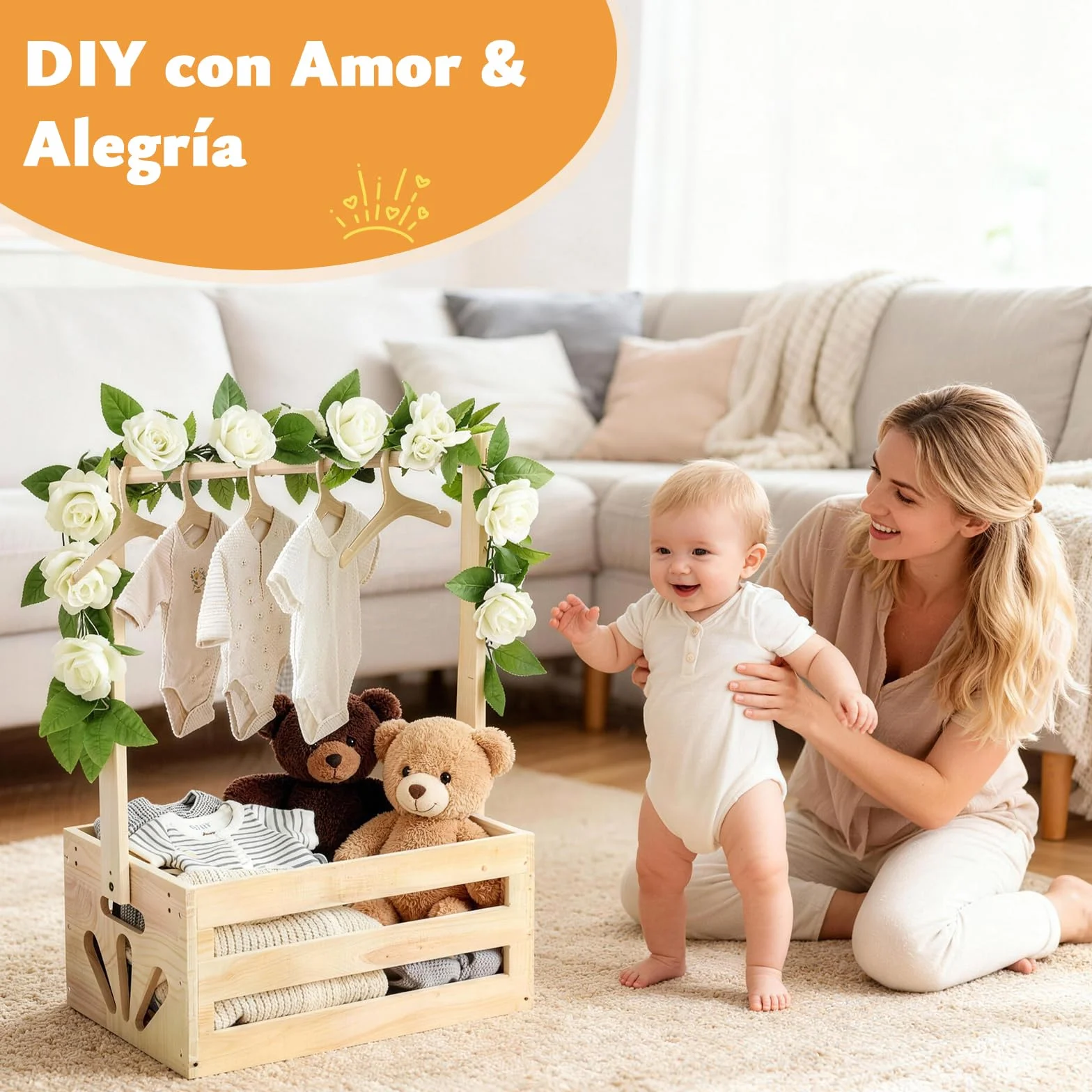 Cesta de Madera para Baby Shower con 6 Colgadores y Guirnalda Floral | Set Completo para Recién Nacidos