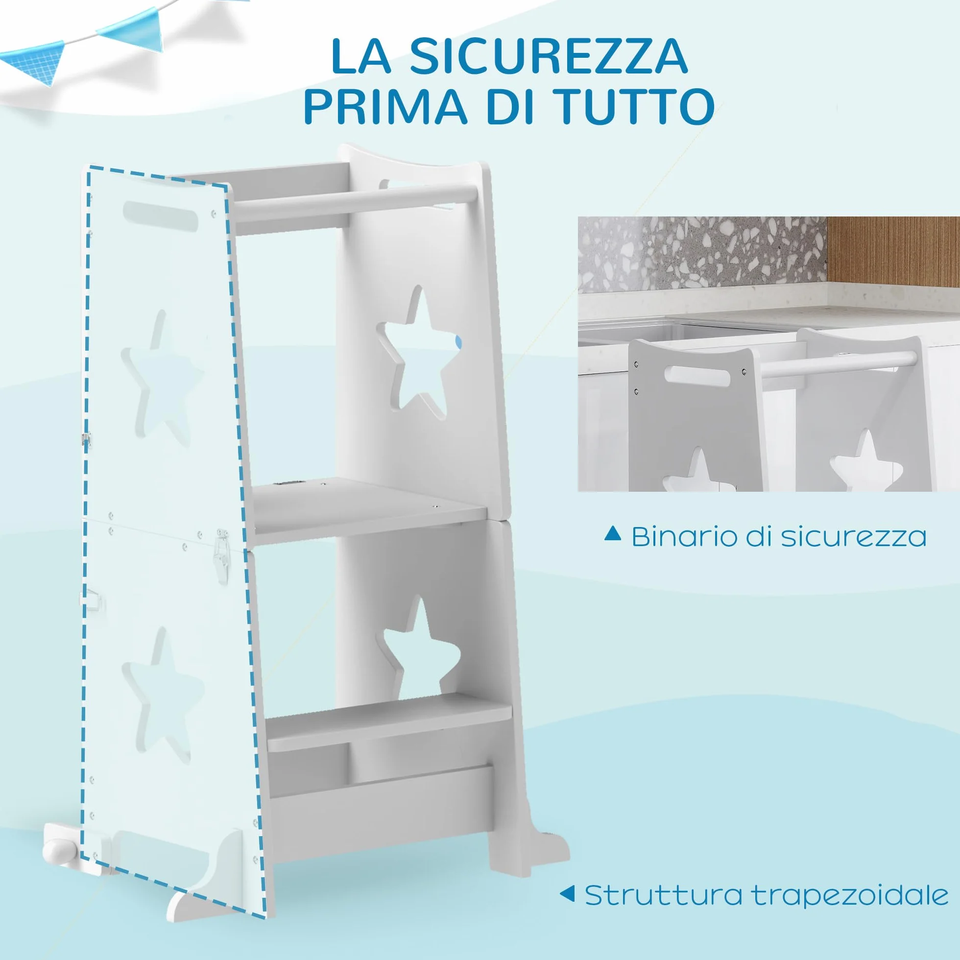 AIYAPLAY Torre de Aprendizaje 2 en 1 Taburete Niños +3 Años Convertible Mesa Silla Barra Seguridad 60x44,5x86 cm Blanco